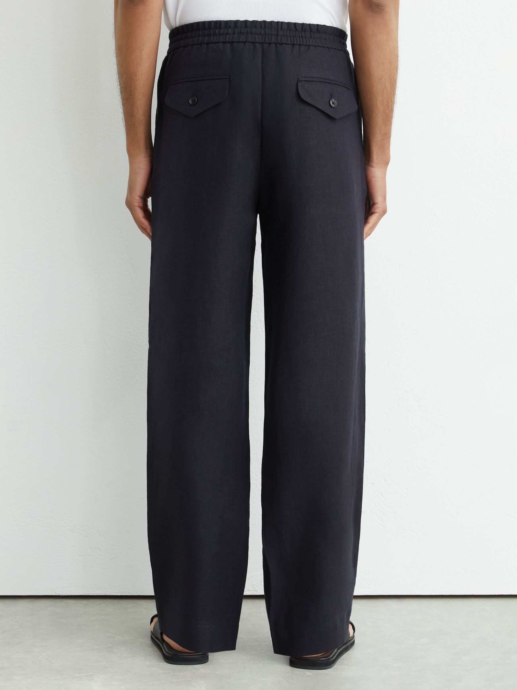 Linen Relaxed-Fit Drawstring Trousers in Navy - Image 4 of 5