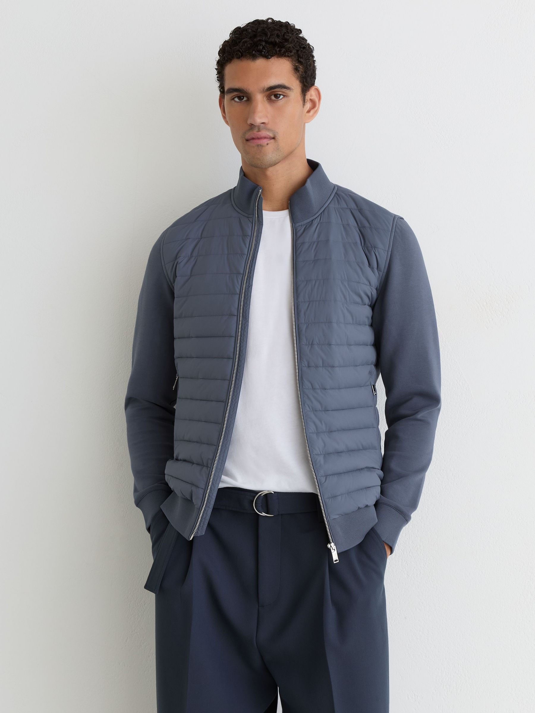 Hybrid Quilt and Interlock Zip Jacket in Airforce Blue - Image 1 of 6