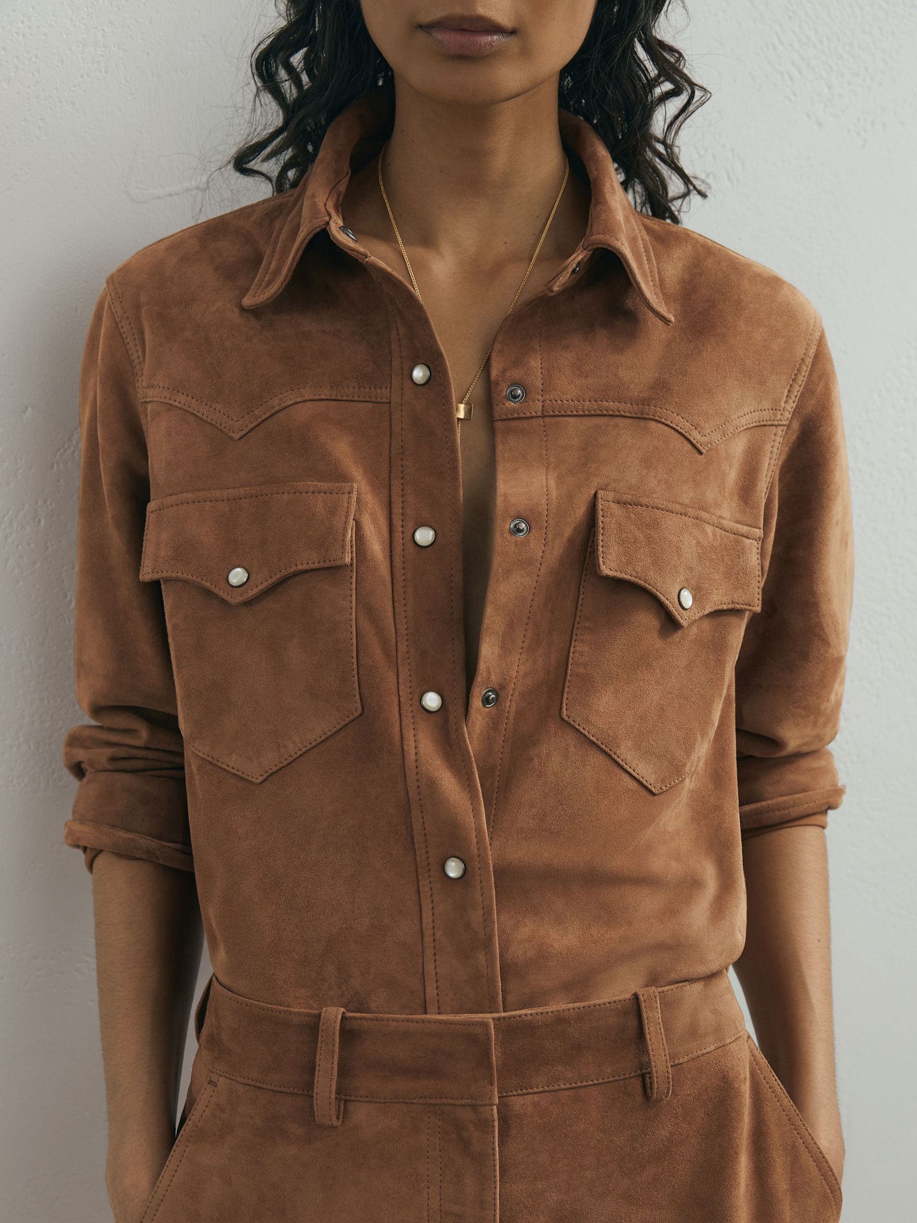 Atelier Suede Western Press-Stud Shirt in Tan - Image 1 of 7