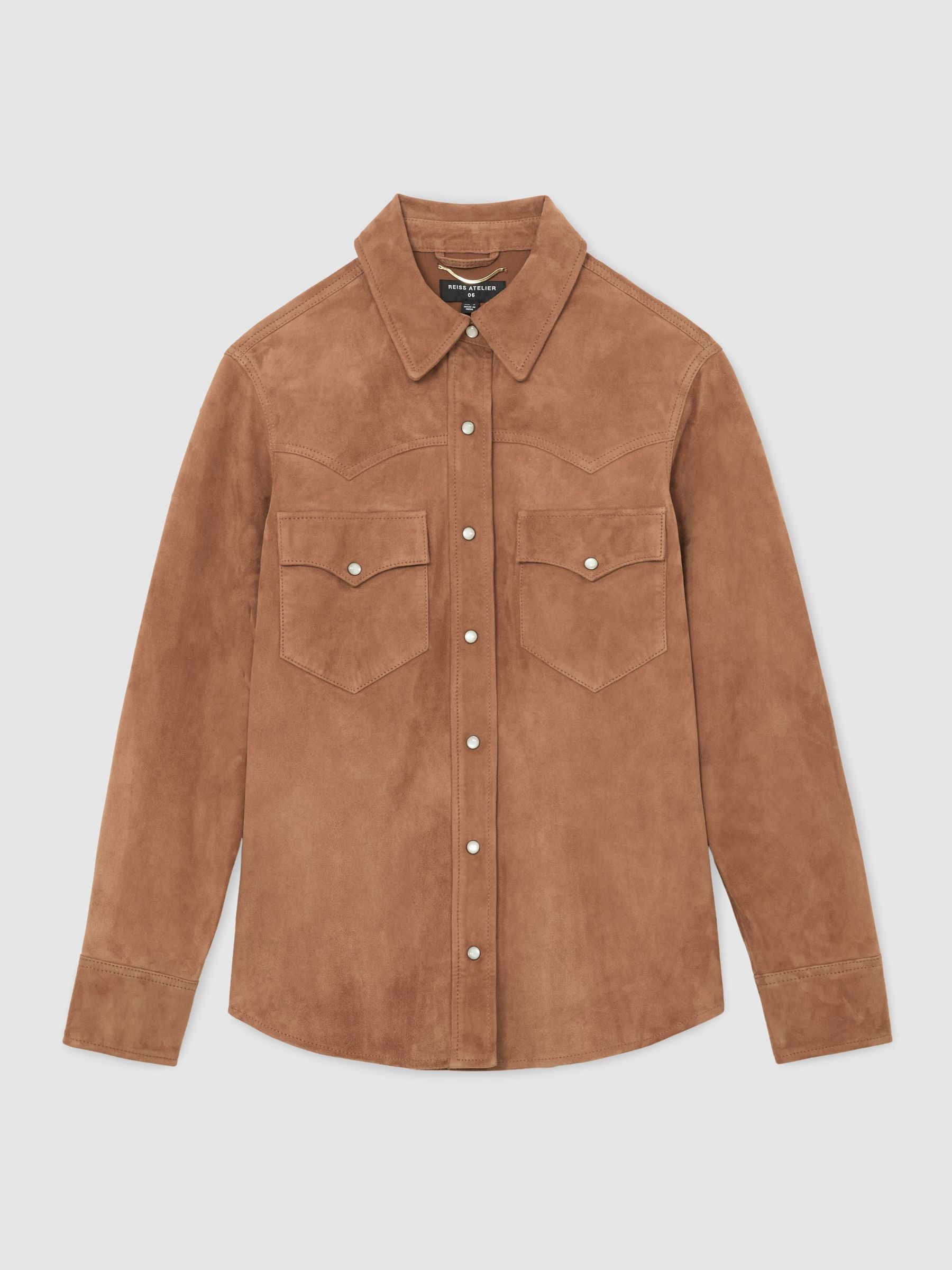 Atelier Suede Western Press-Stud Shirt in Tan - Image 2 of 7