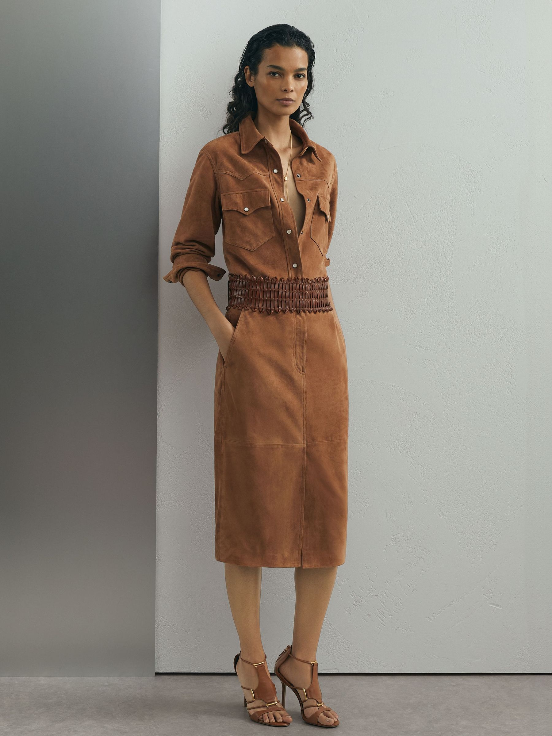 Atelier Suede Western Press-Stud Shirt in Tan - Image 3 of 7