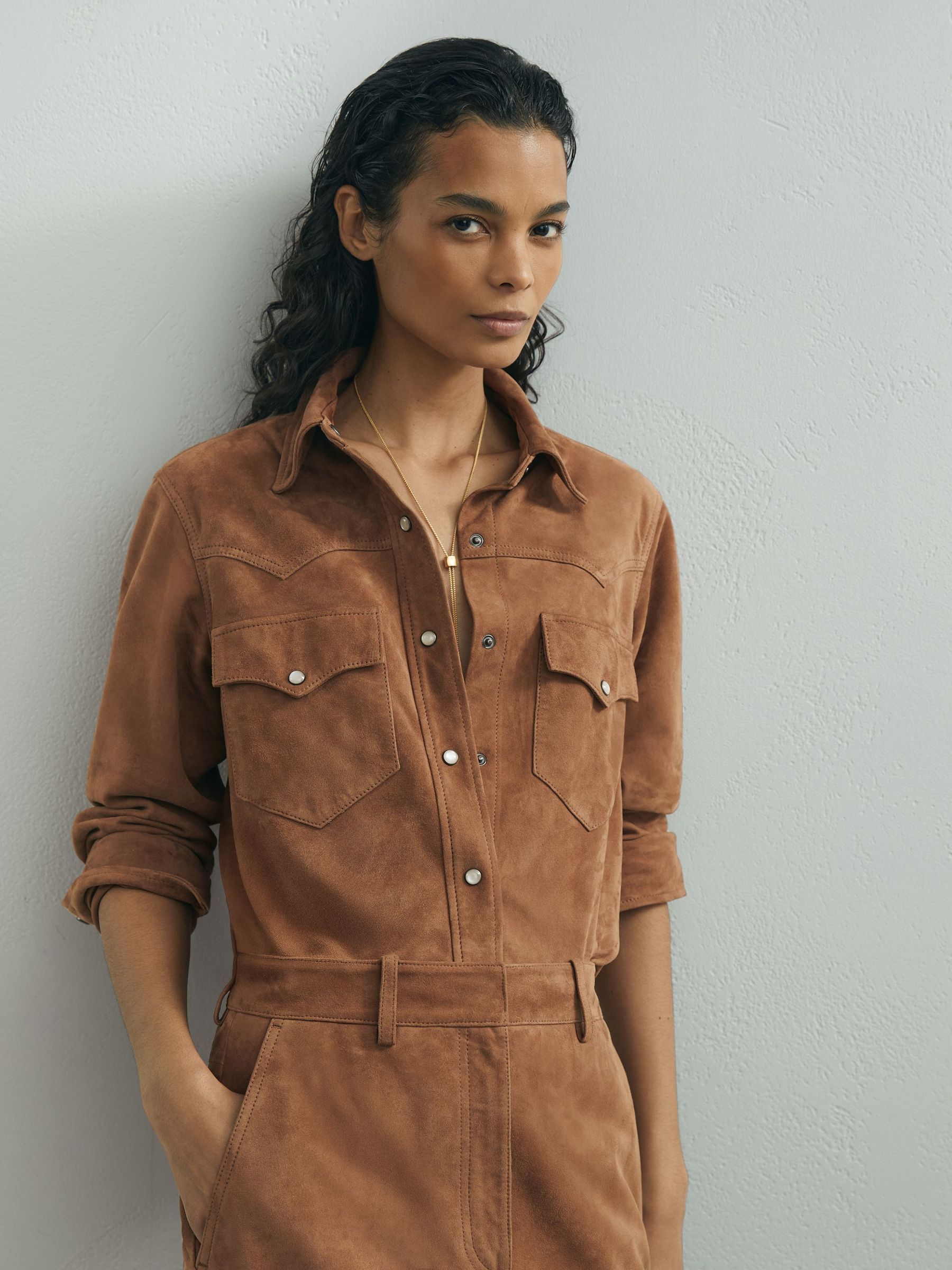 Atelier Suede Western Press-Stud Shirt in Tan - Image 4 of 7