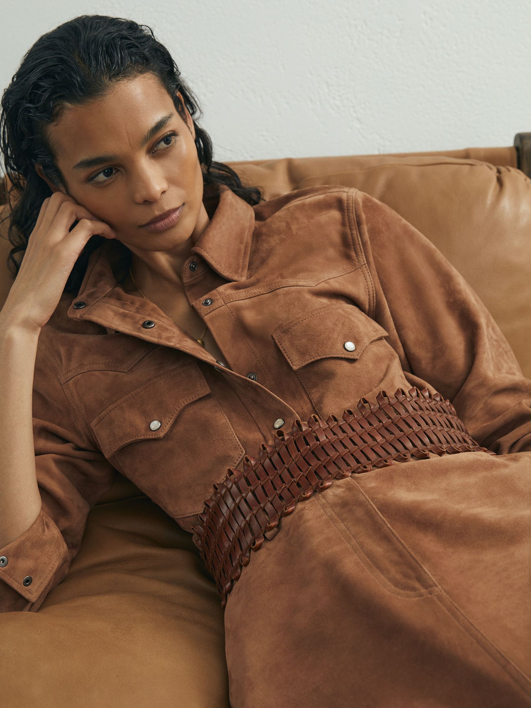 Atelier Suede Western Press-Stud Shirt in Tan - image 5