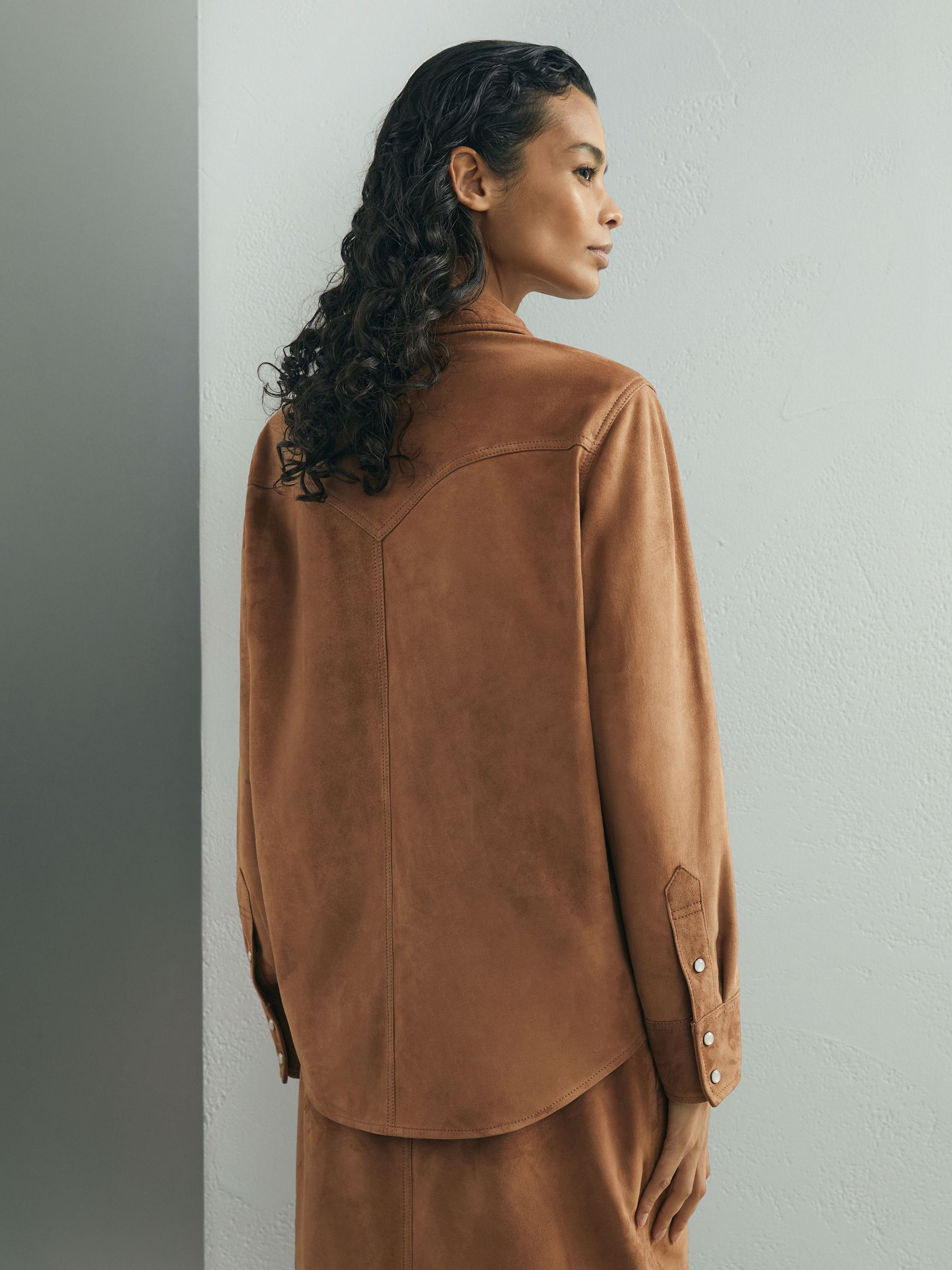 Atelier Suede Western Press-Stud Shirt in Tan - Image 6 of 7