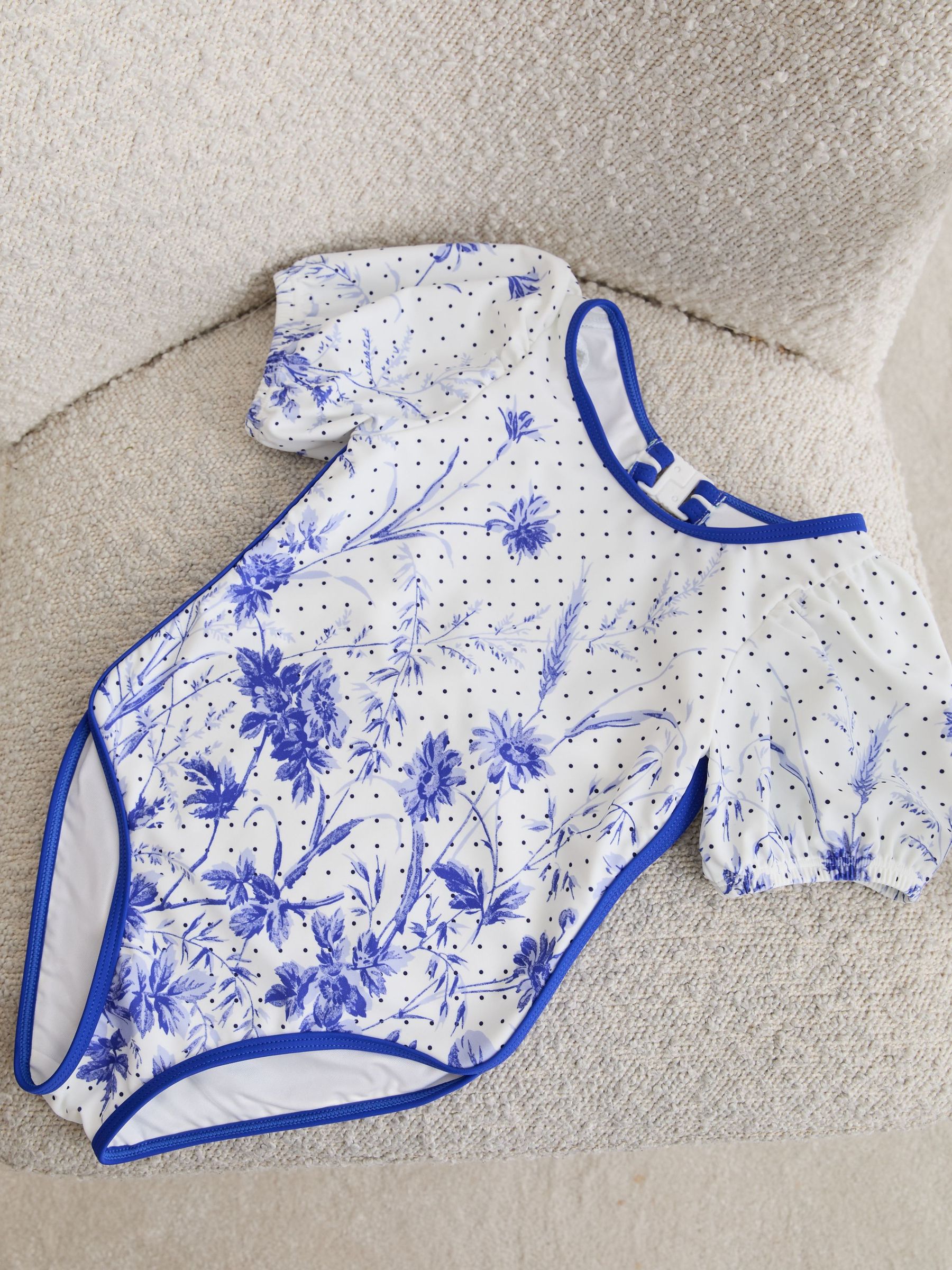 3-9 yrs Floral Print Puff Sleeve Swimsuit in Blue Print - Image 2 of 3