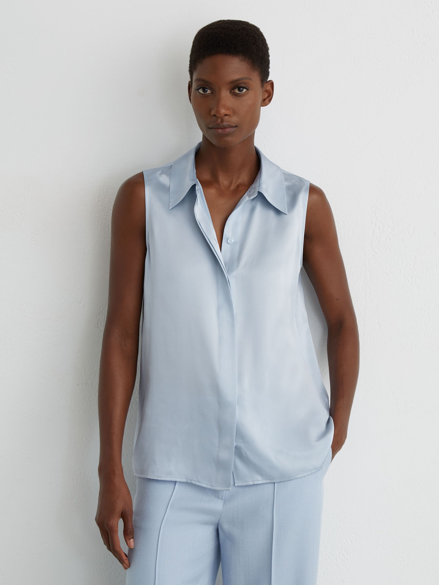 Silk Sleeveless Shirt in Light Blue - Image 1 of 7