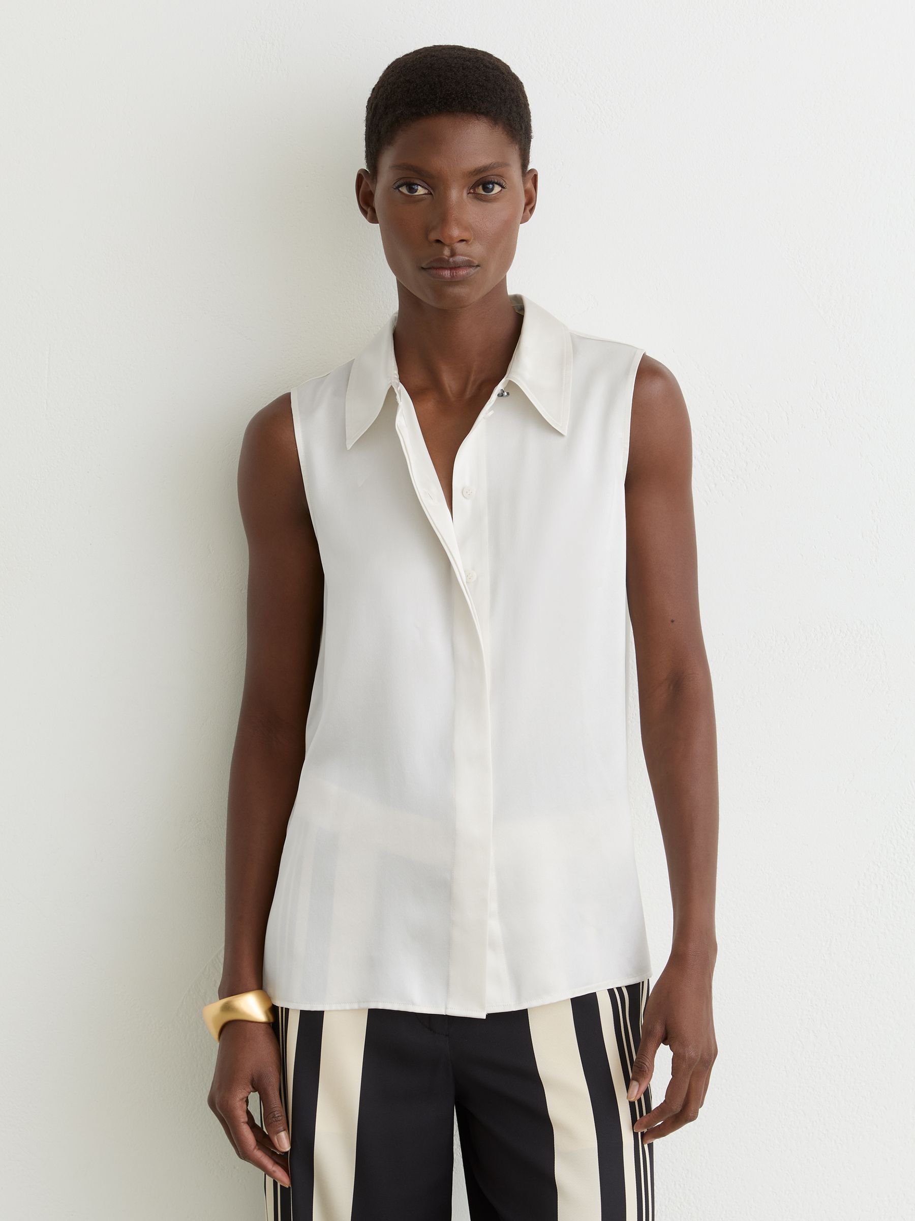 Silk Sleeveless Shirt in Ivory - Image 3 of 6