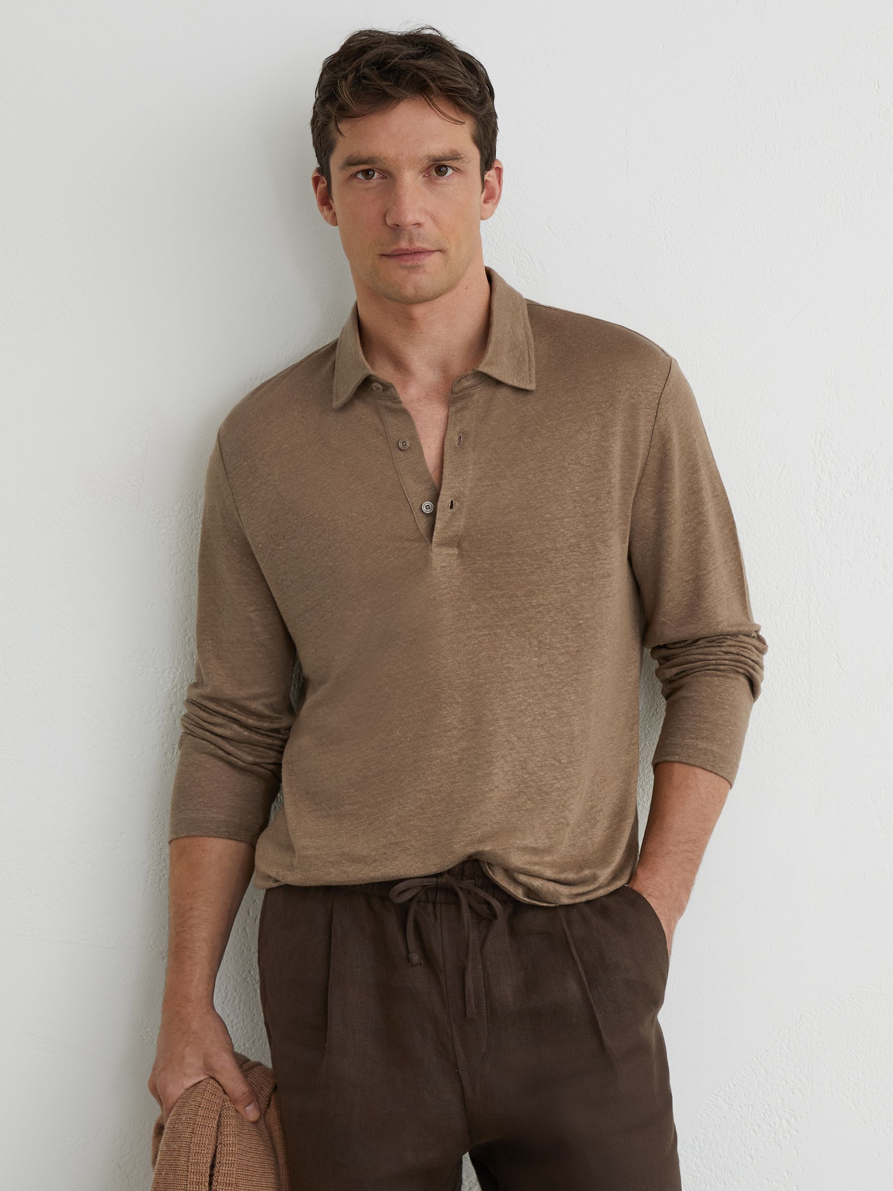 Linen Long-Sleeve Knitted Polo Shirt in Brown - Image 1 of 6