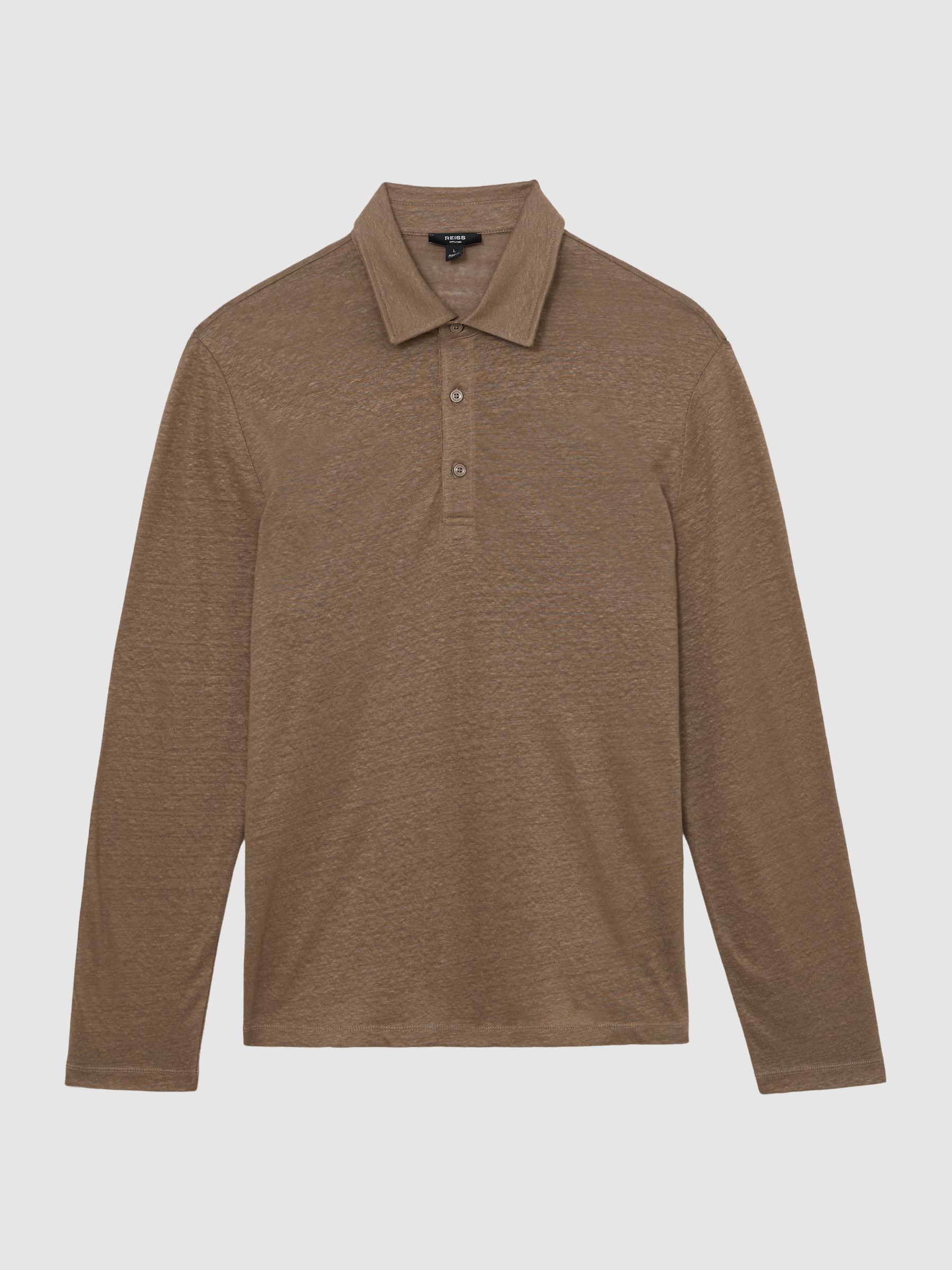 Linen Long-Sleeve Knitted Polo Shirt in Brown - Image 2 of 6