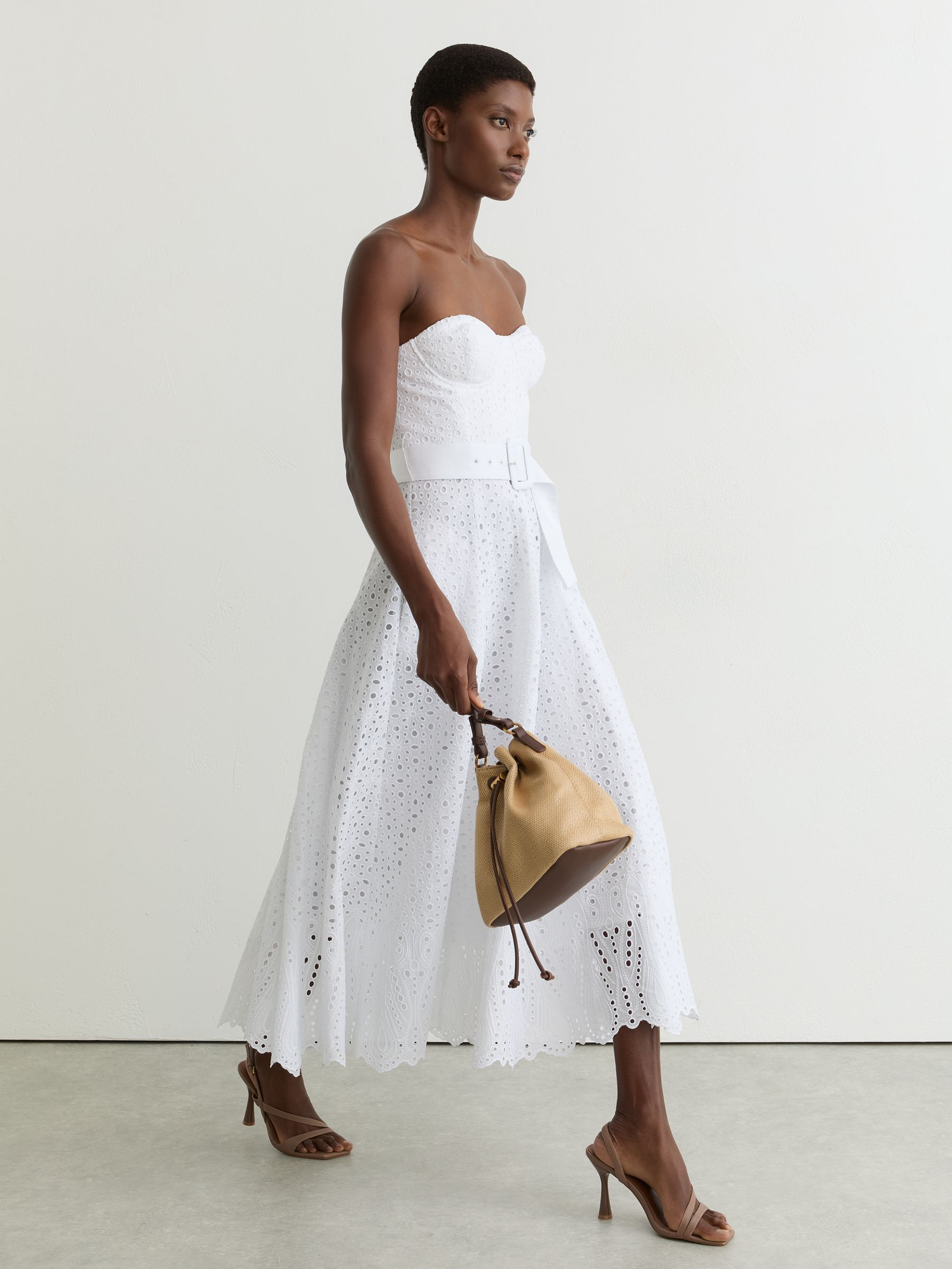 Lace Strapless Bustier Midi Dress in White - Image 1 of 7