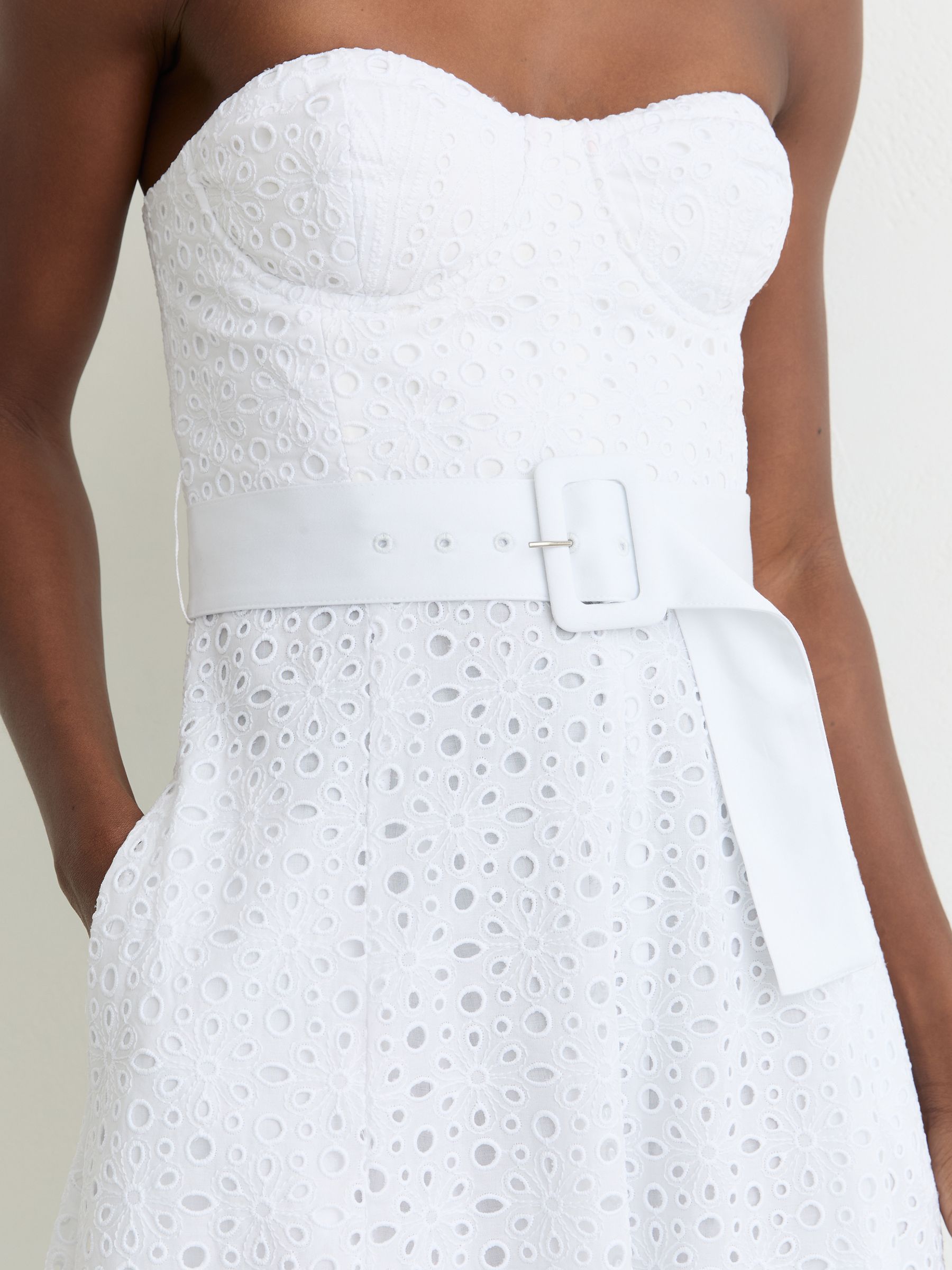 Lace Strapless Bustier Midi Dress in White - Image 3 of 7