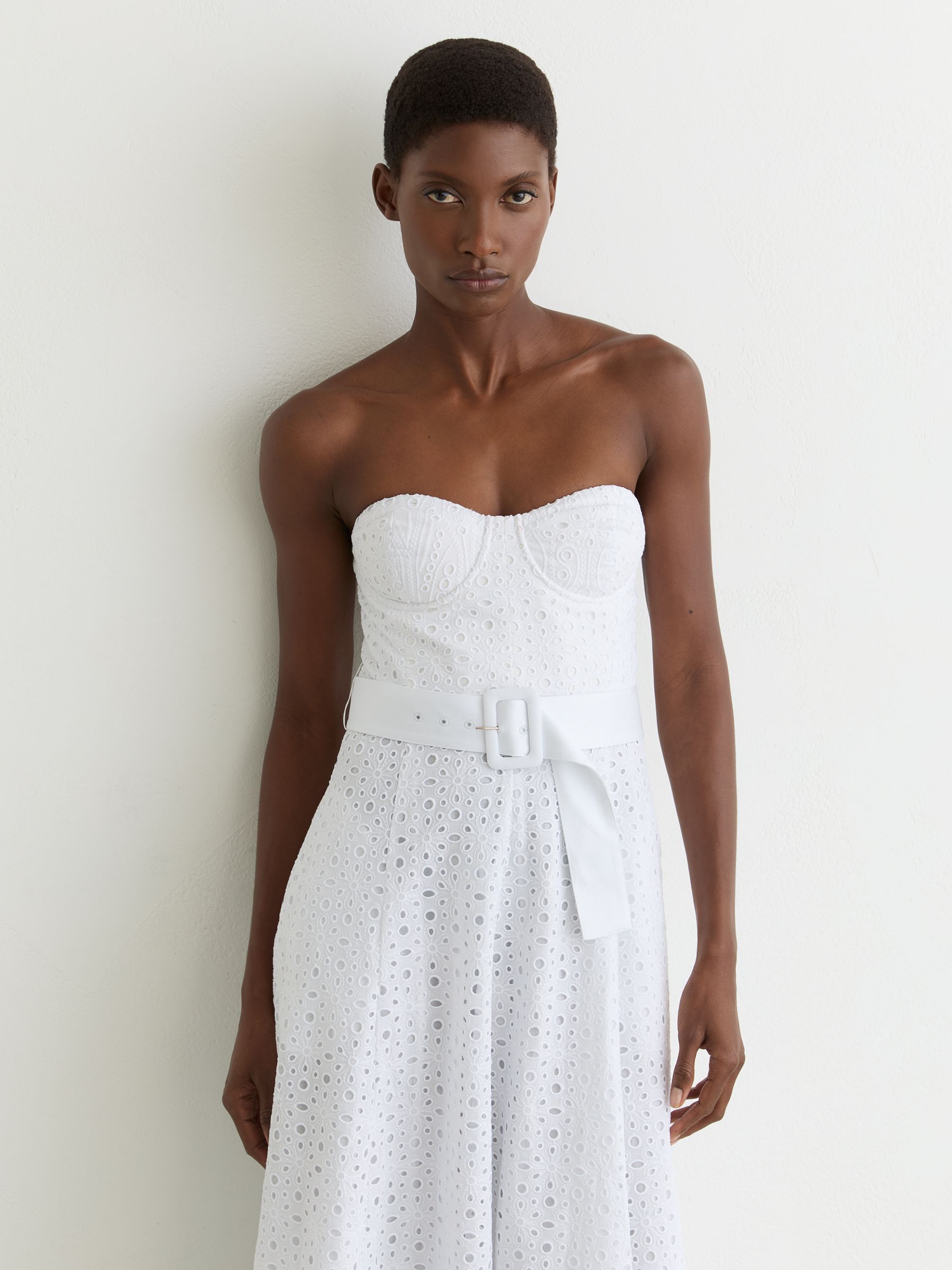 Lace Strapless Bustier Midi Dress in White - Image 4 of 7