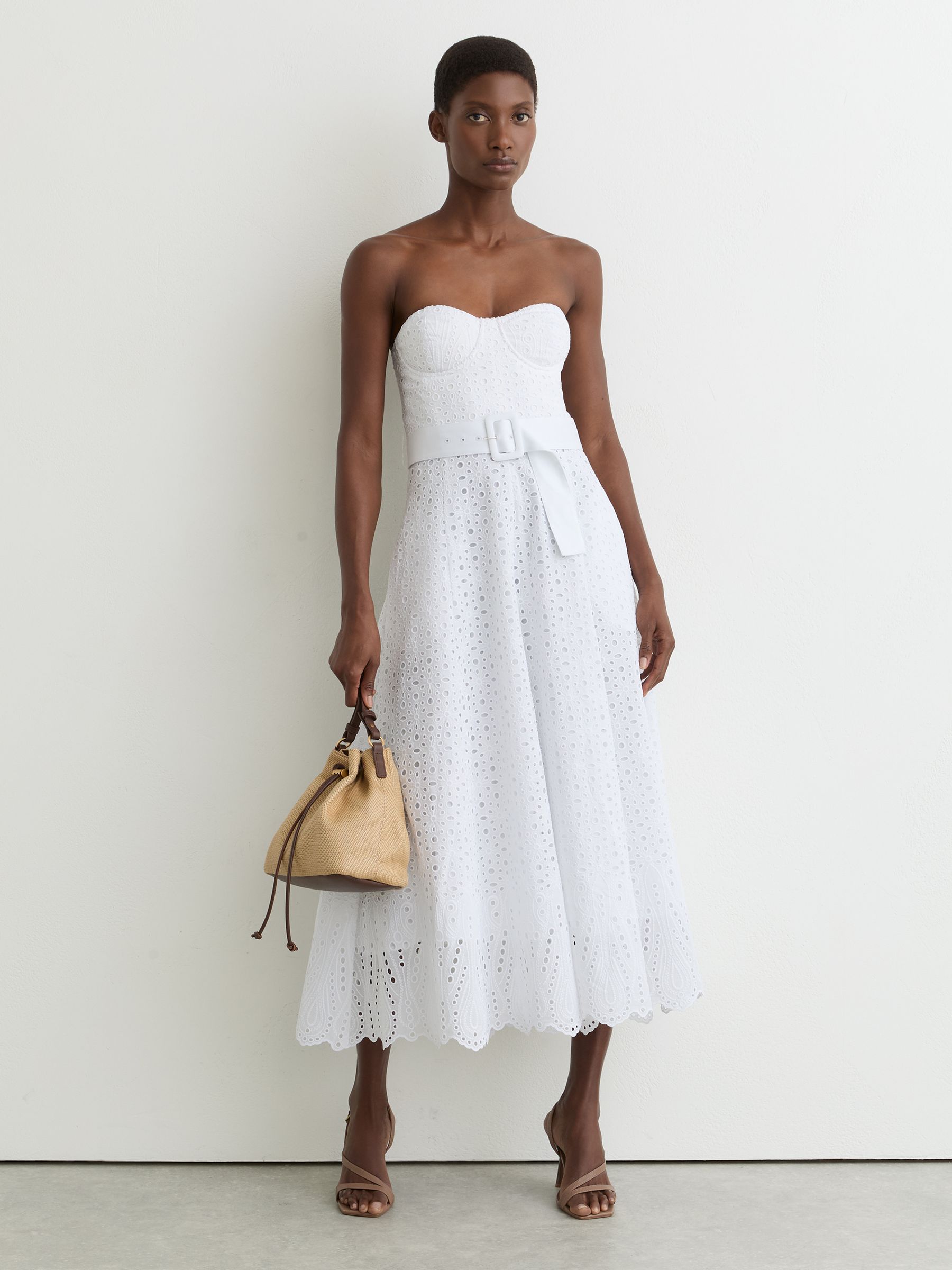 Lace Strapless Bustier Midi Dress in White - Image 5 of 7