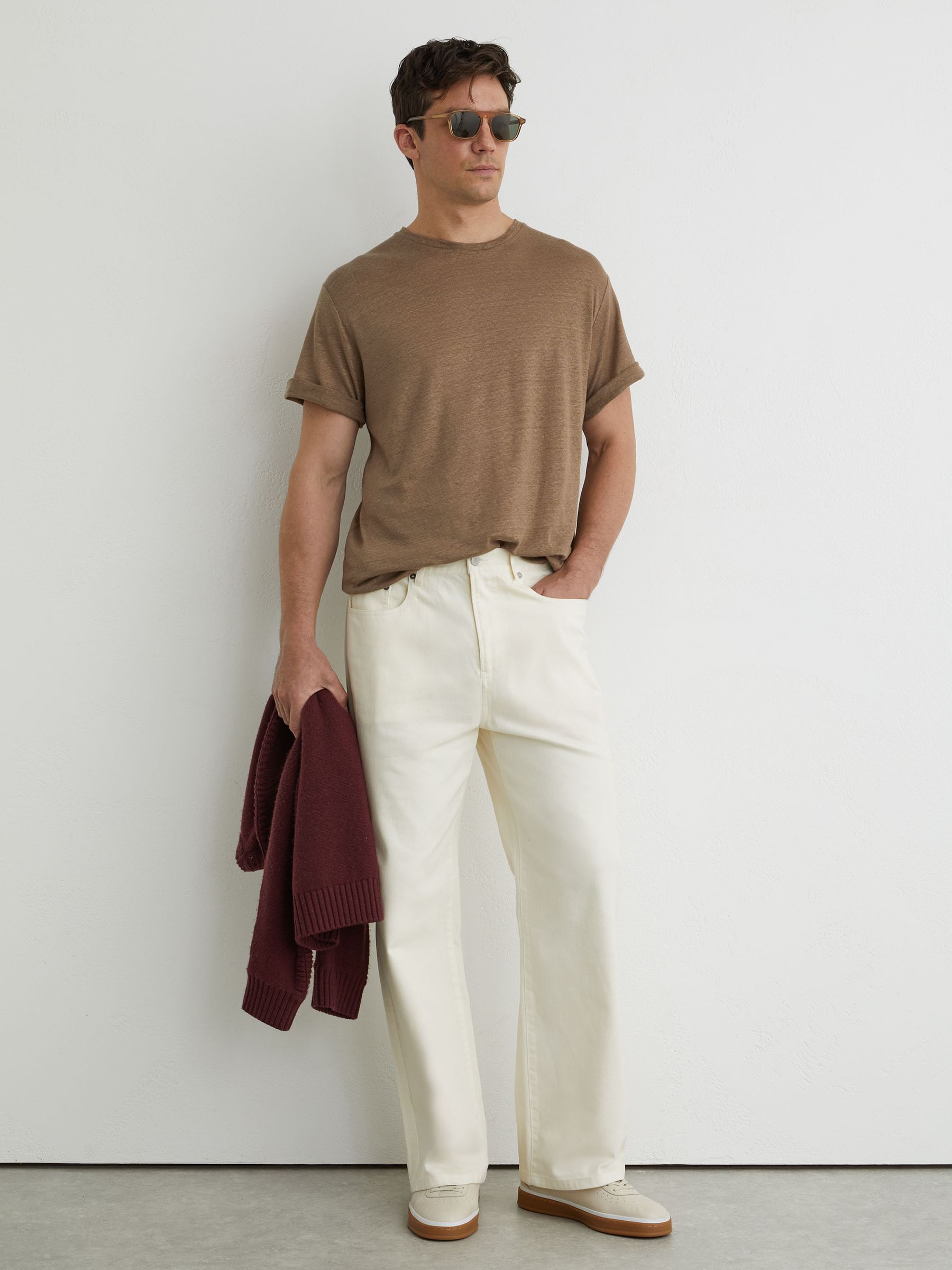 Linen Relaxed-Fit Crew-Neck T-Shirt in Brown - Image 1 of 7