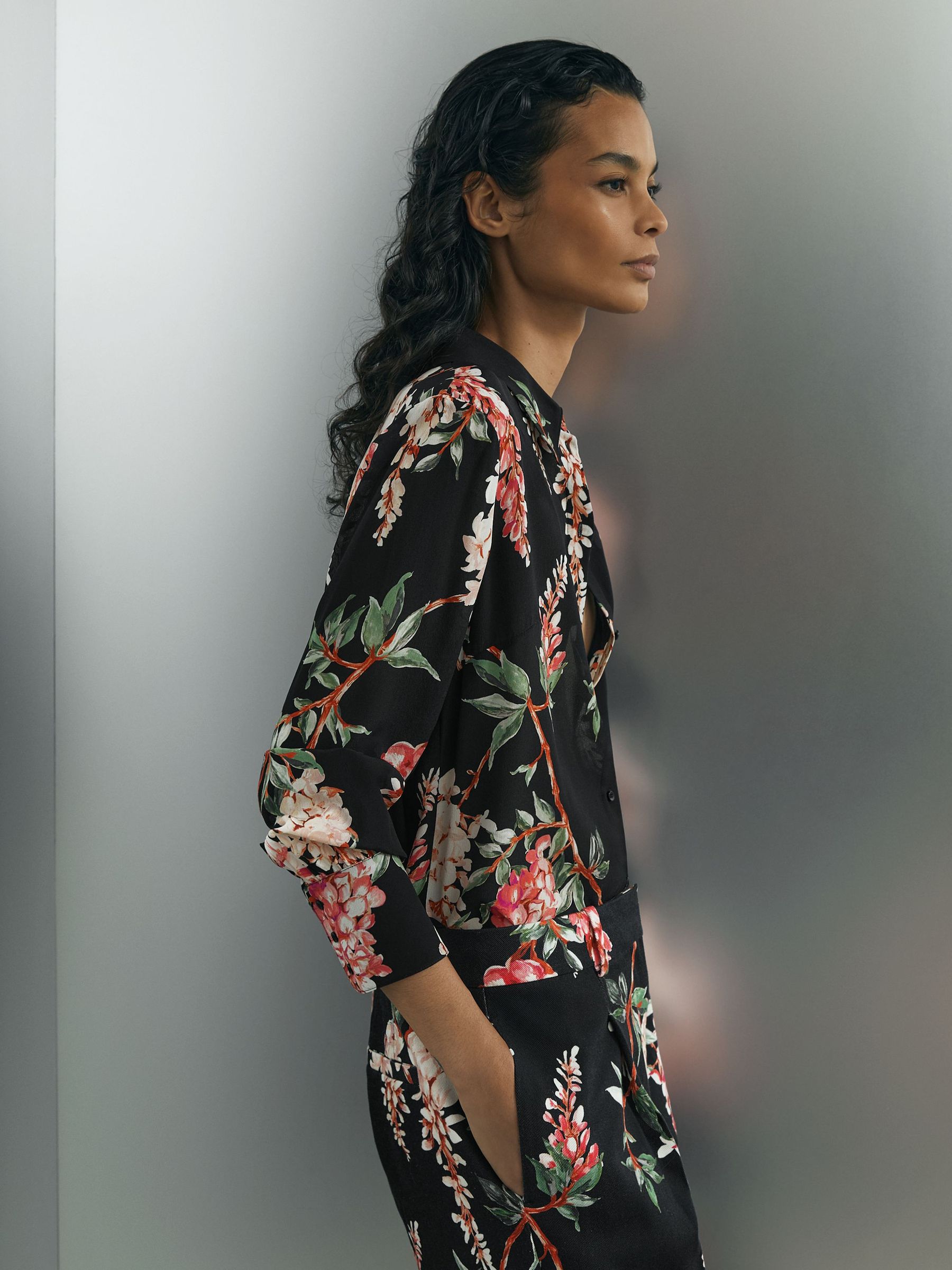 Atelier Silk-Chiffon Floral-Print Black Shirt in Black - Image 1 of 7