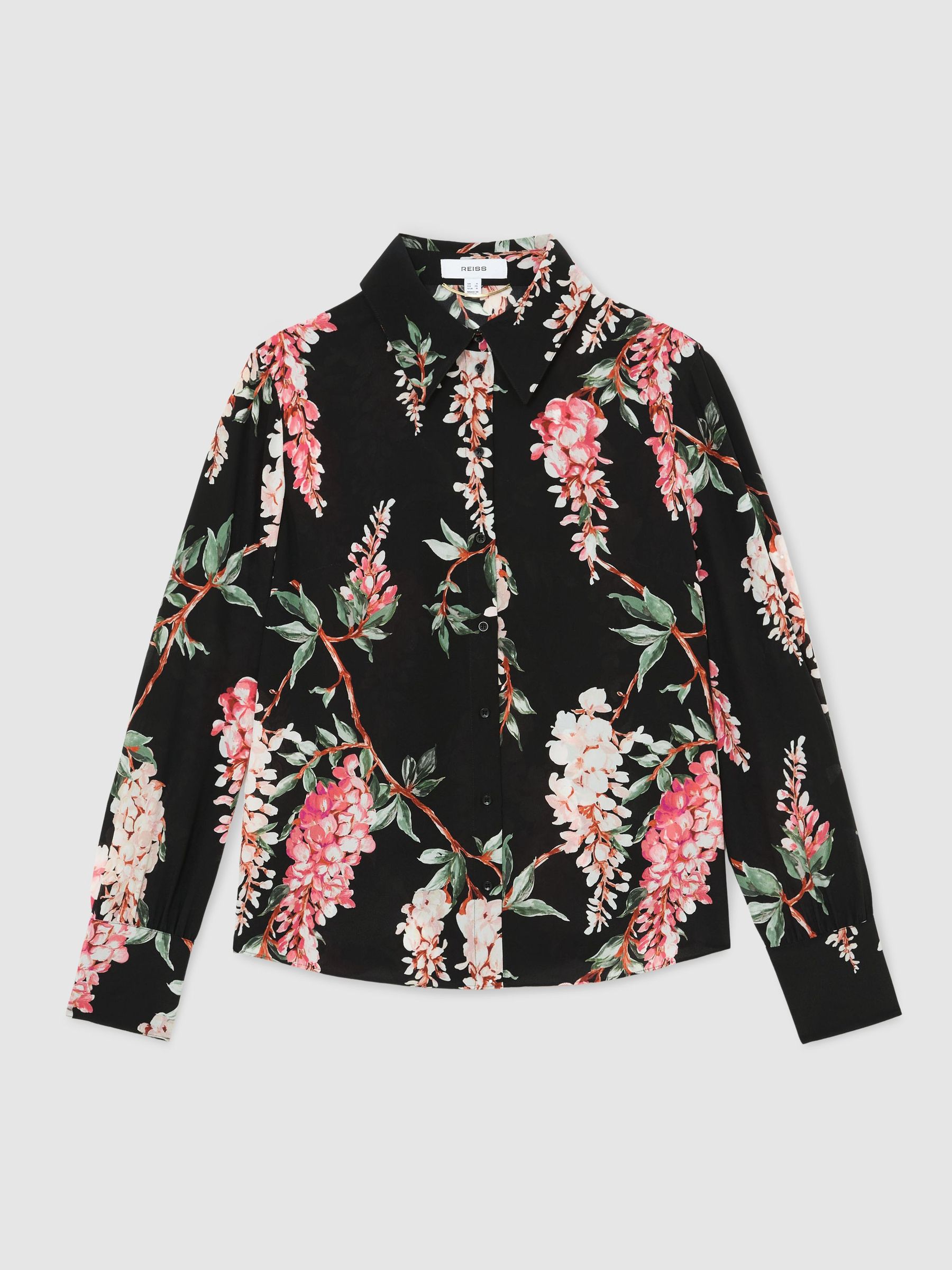 Atelier Silk-Chiffon Floral-Print Black Shirt in Black