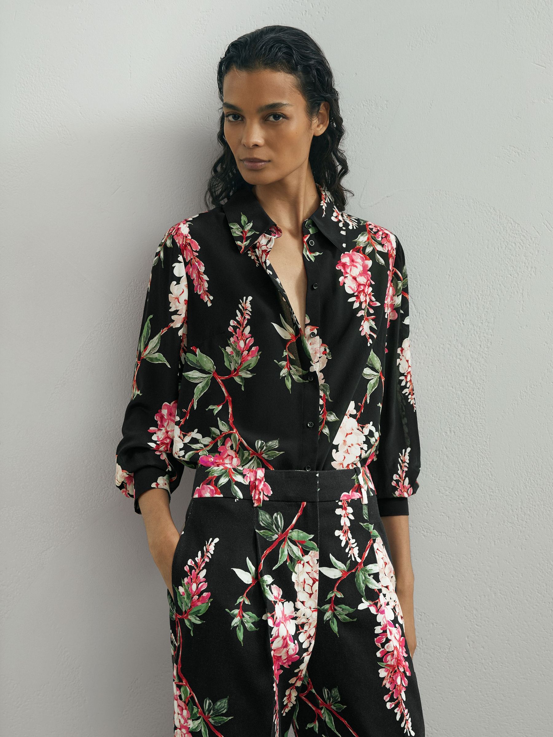 Atelier Silk-Chiffon Floral-Print Black Shirt in Black - Image 4 of 7