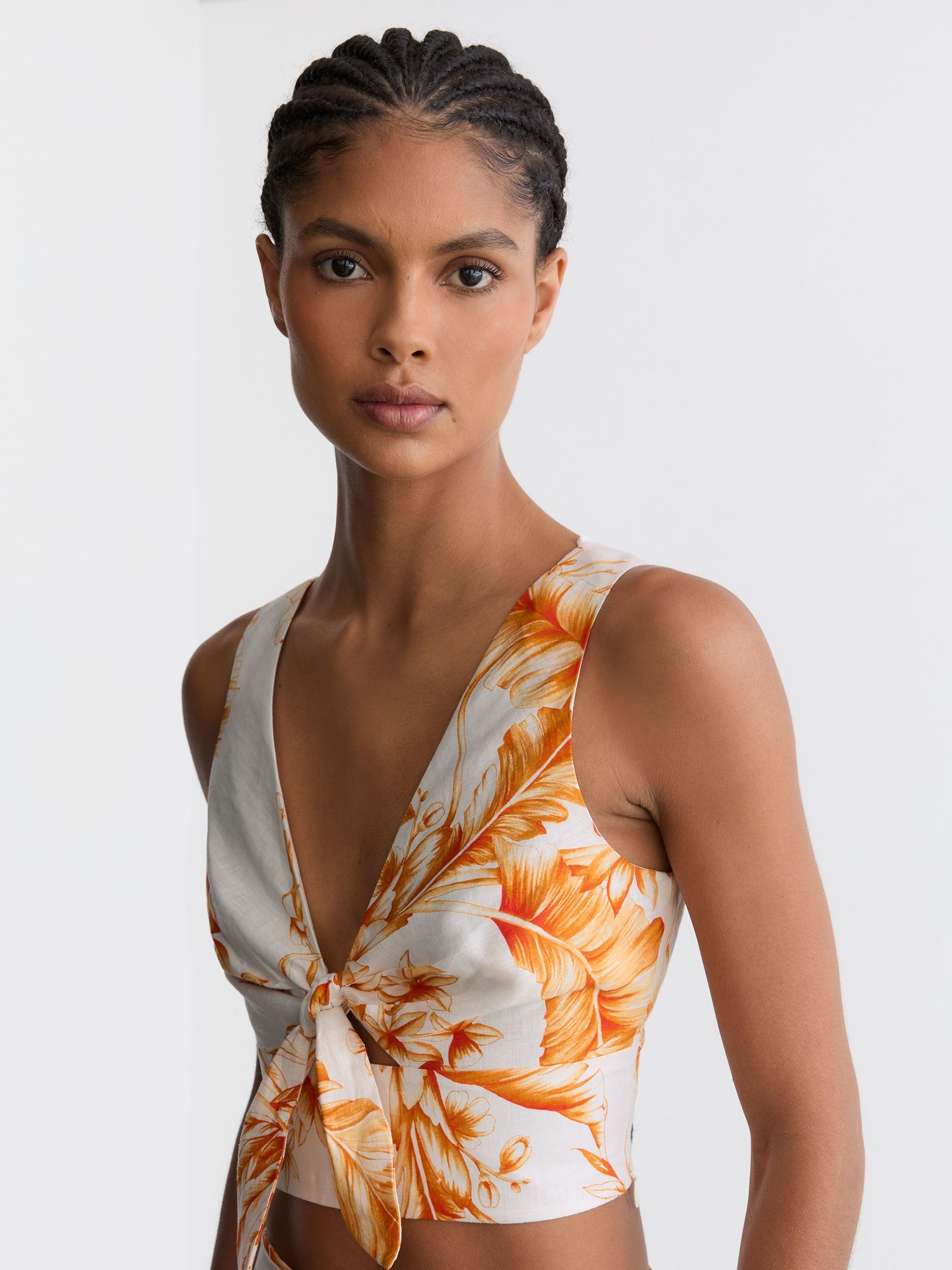 Linen Floral Print Tie Front Top in Ivory/Orange - image 2