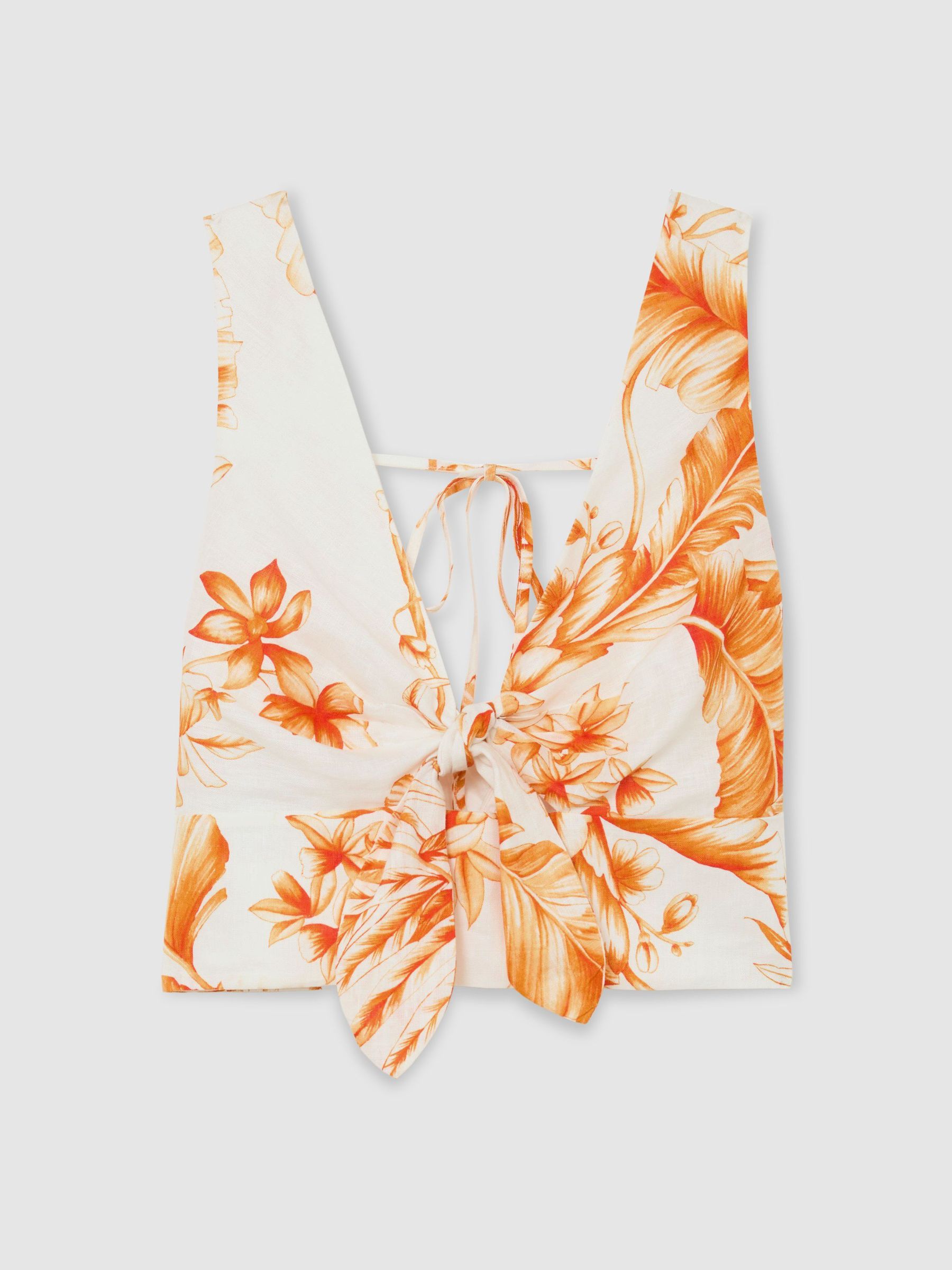 Linen Floral Print Tie Front Top in Ivory/Orange