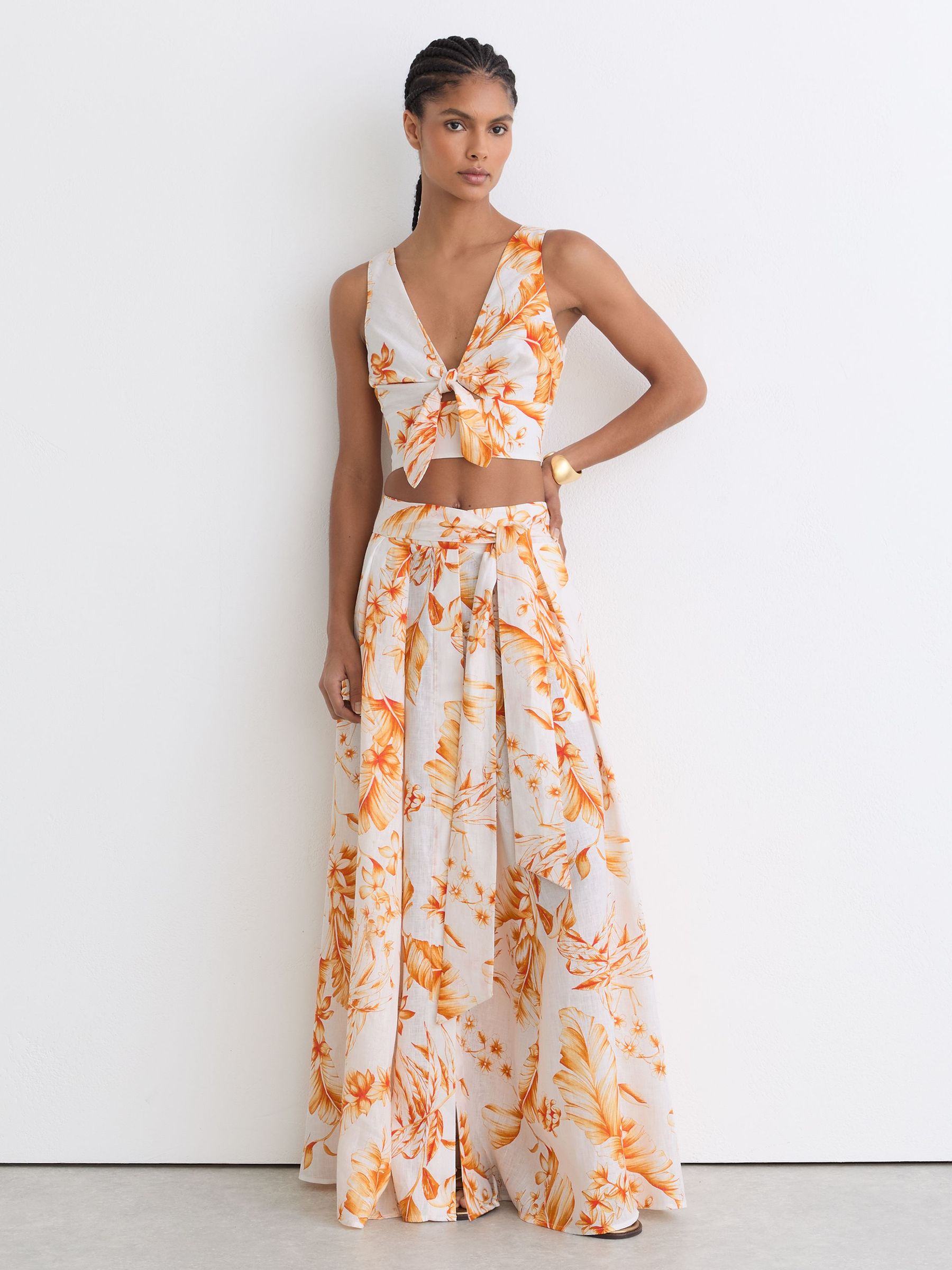 Linen Floral Print Tie Front Top in Ivory/Orange - Image 3 of 7