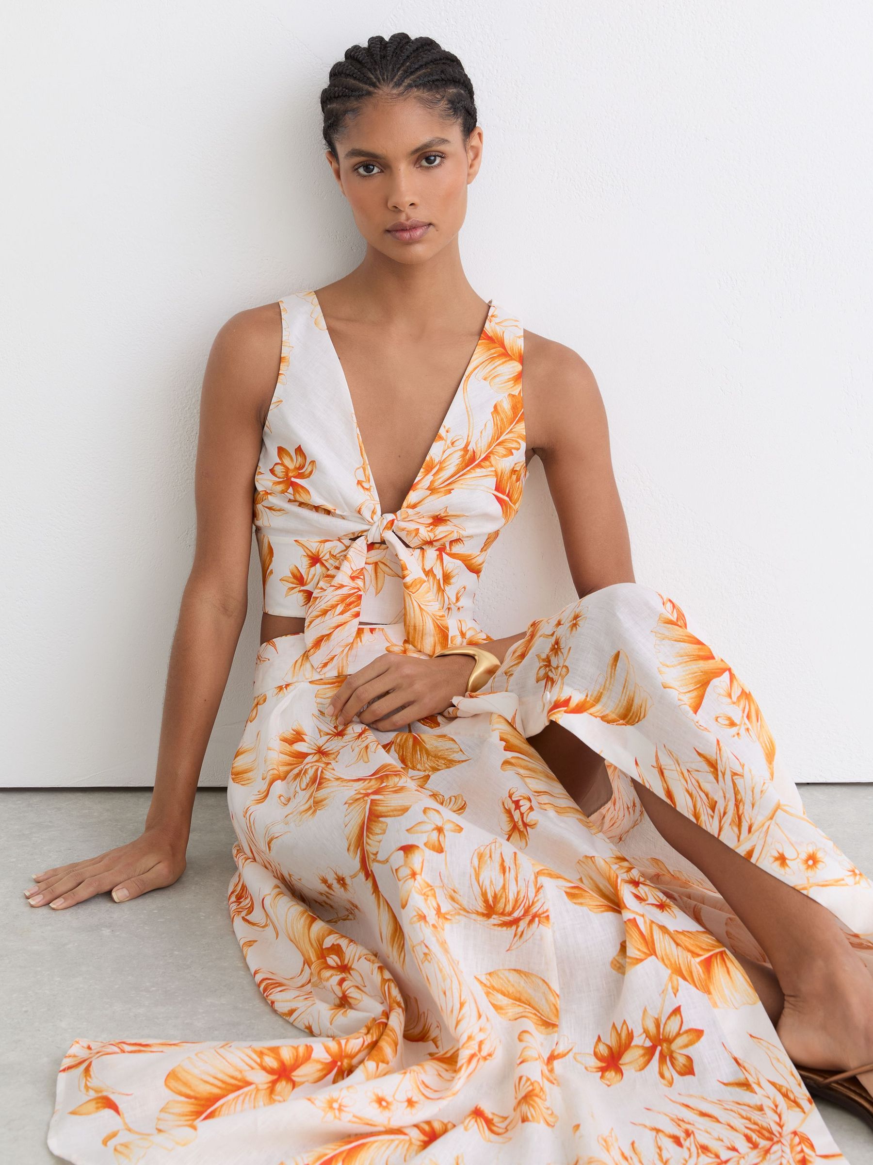 Linen Floral Print Tie Front Top in Ivory/Orange - image 5