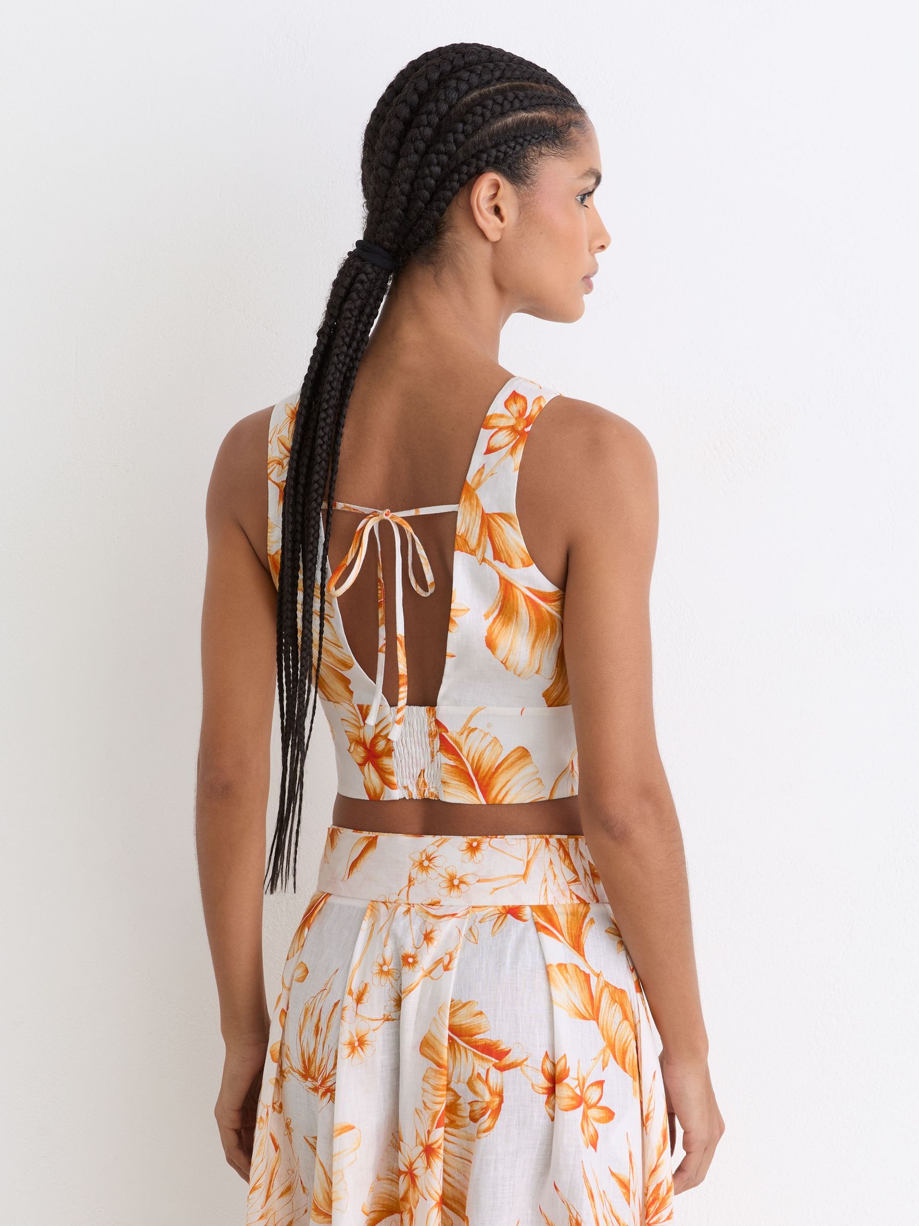 Linen Floral Print Tie Front Top in Ivory/Orange - Image 6 of 7