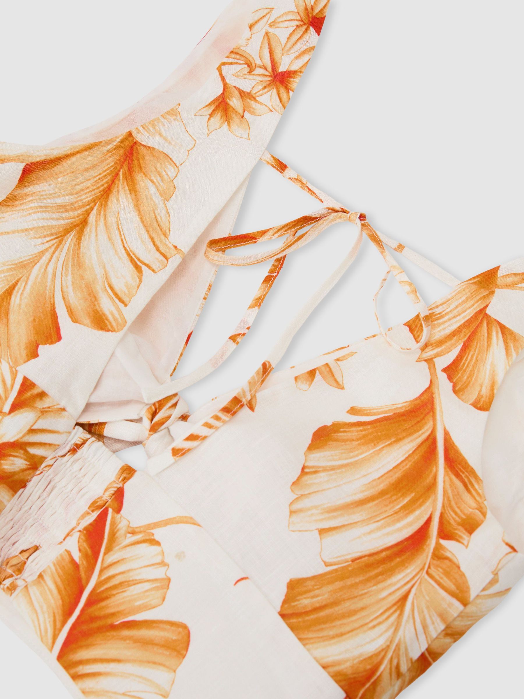 Linen Floral Print Tie Front Top in Ivory/Orange - image 3