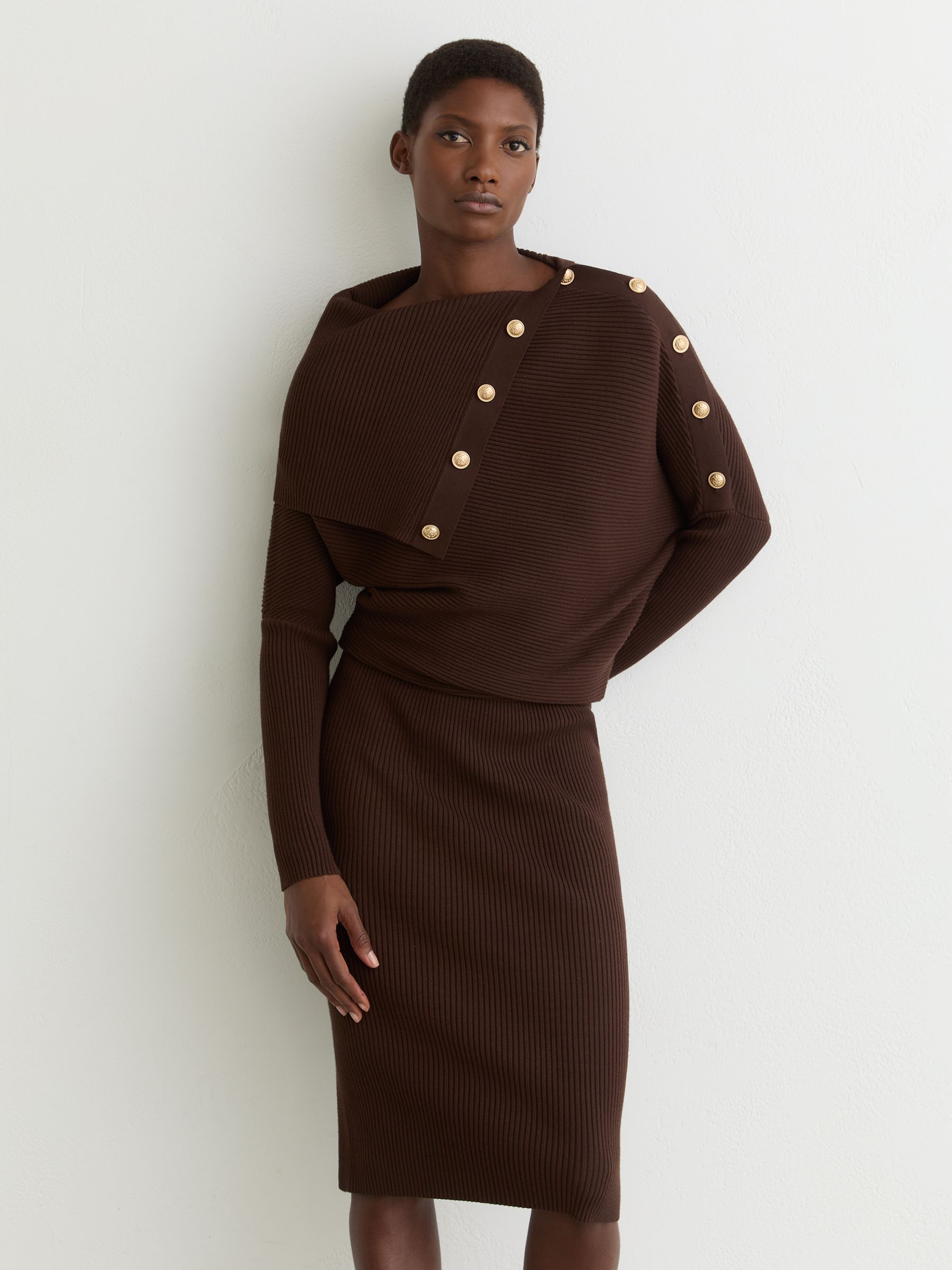 Draped Off-Shoulder Rib-Knit Dress in Chocolate Brown - Image 1 of 7 Draped Off-Shoulder Rib-Knit Dress in Chocolate Brown - Image 1 of 7