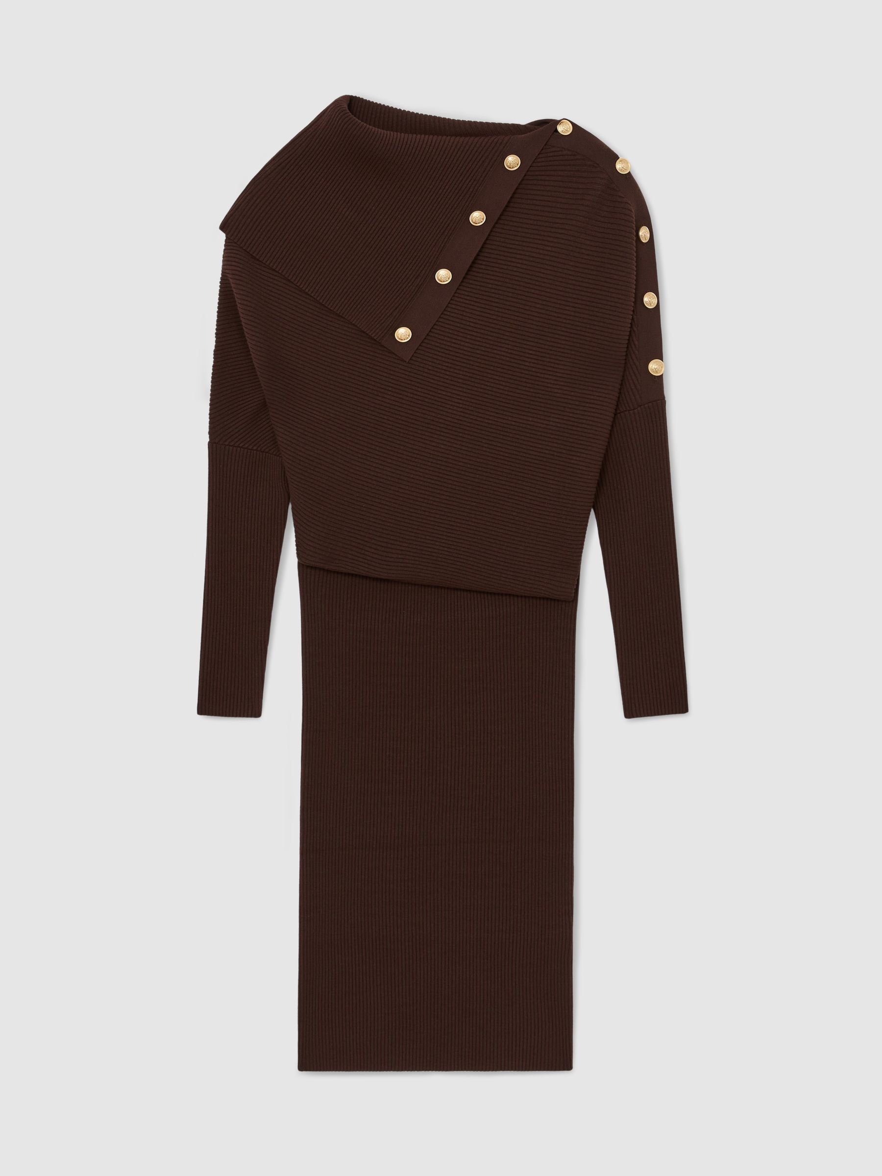 Draped Off-Shoulder Rib-Knit Dress in Chocolate Brown - Image 2 of 7 Draped Off-Shoulder Rib-Knit Dress in Chocolate Brown - Image 2 of 7