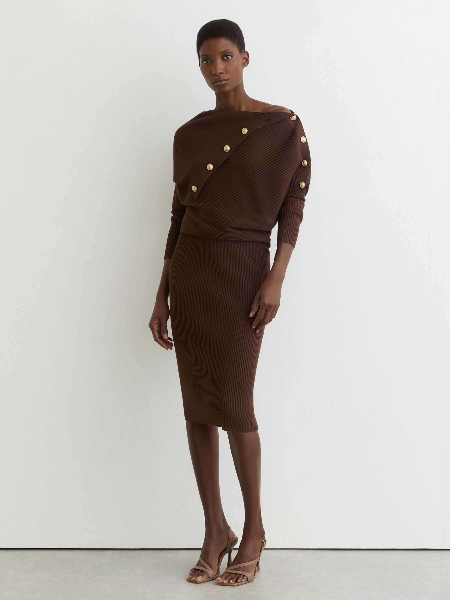 Draped Off-Shoulder Rib-Knit Dress in Chocolate Brown - Image 3 of 7