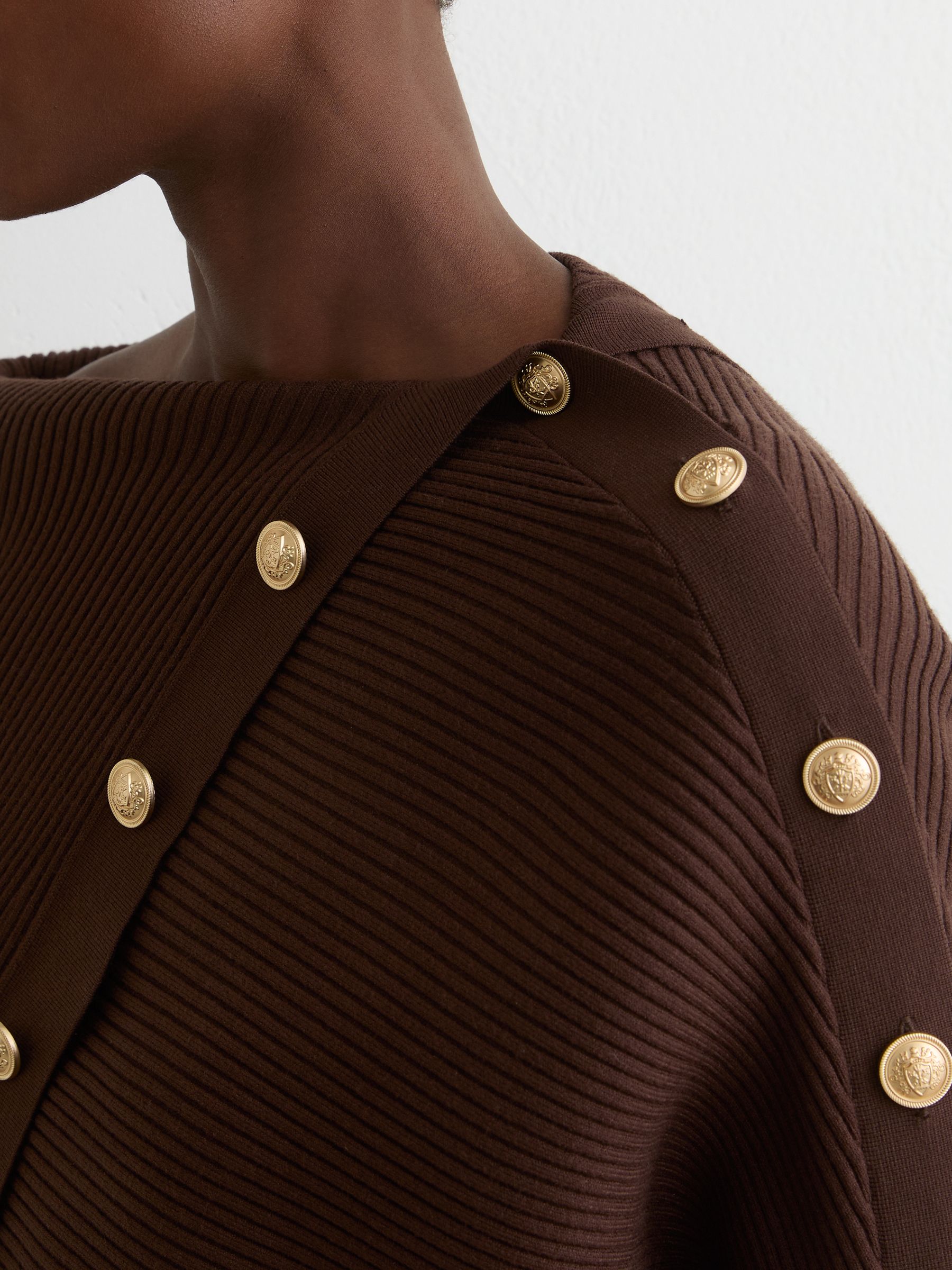 Draped Off-Shoulder Rib-Knit Dress in Chocolate Brown - Image 4 of 7