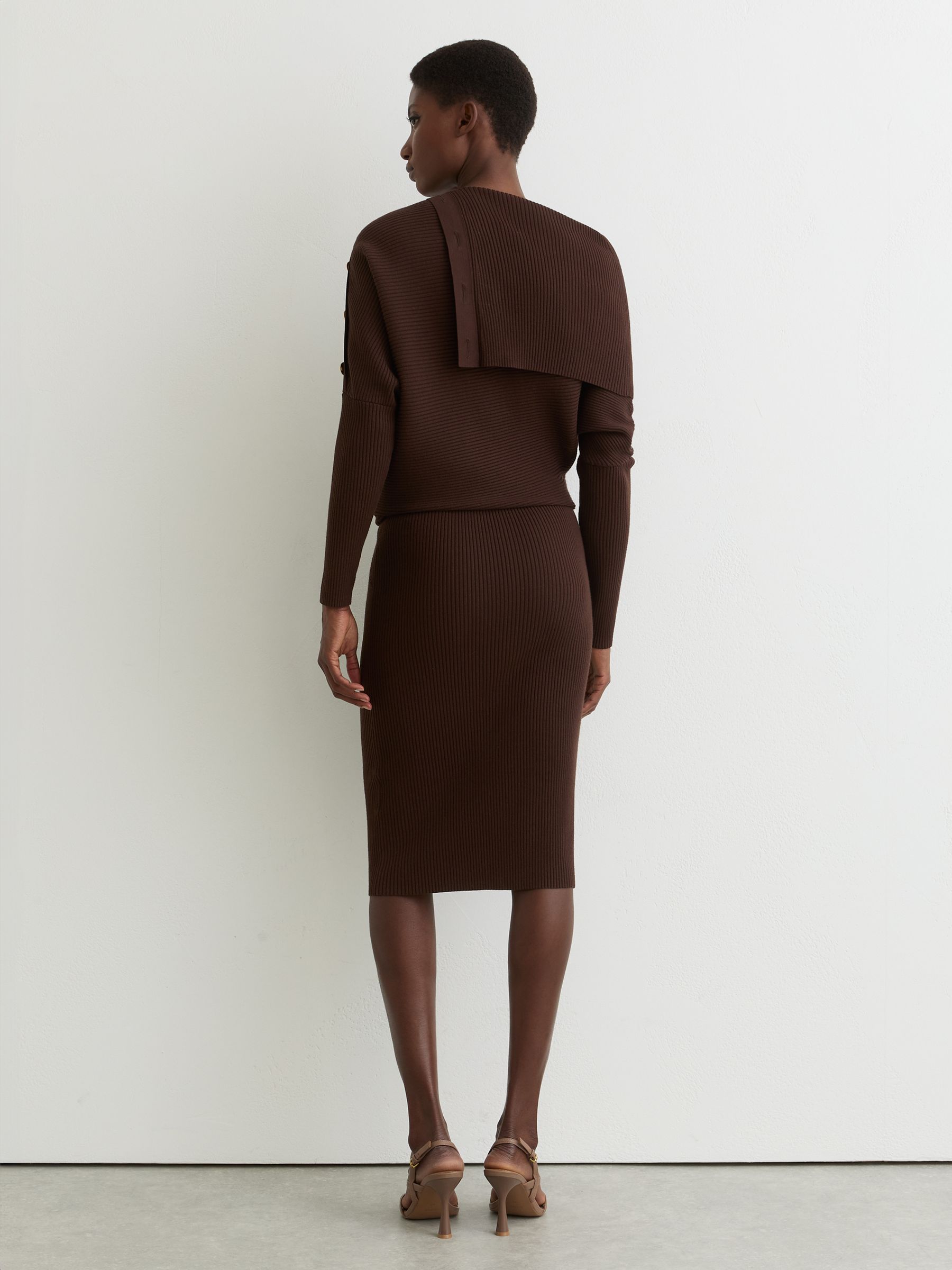 Draped Off-Shoulder Rib-Knit Dress in Chocolate Brown - Image 5 of 7