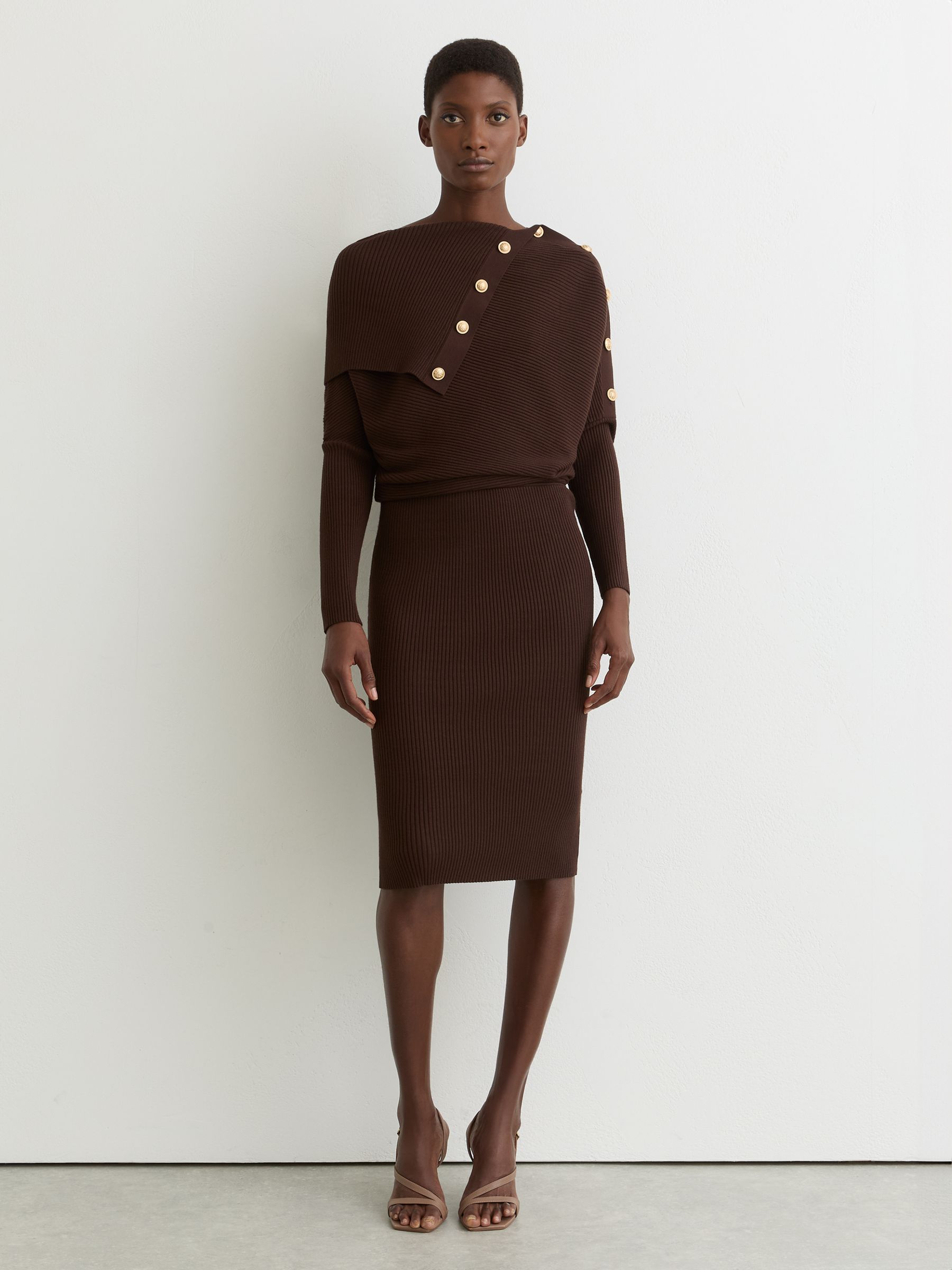 Draped Off-Shoulder Rib-Knit Dress in Chocolate Brown - image 4