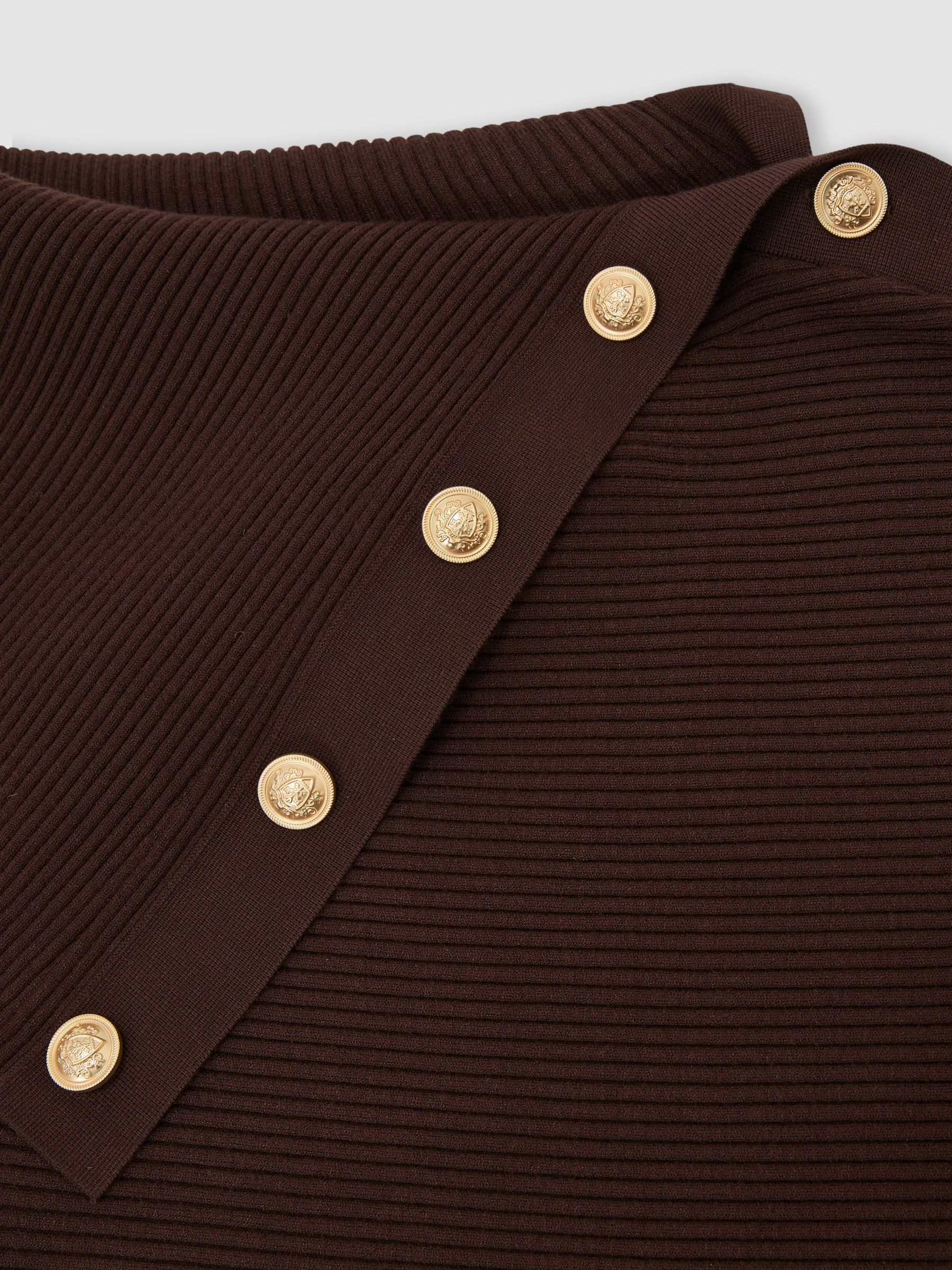 Draped Off-Shoulder Rib-Knit Dress in Chocolate Brown - Image 7 of 7