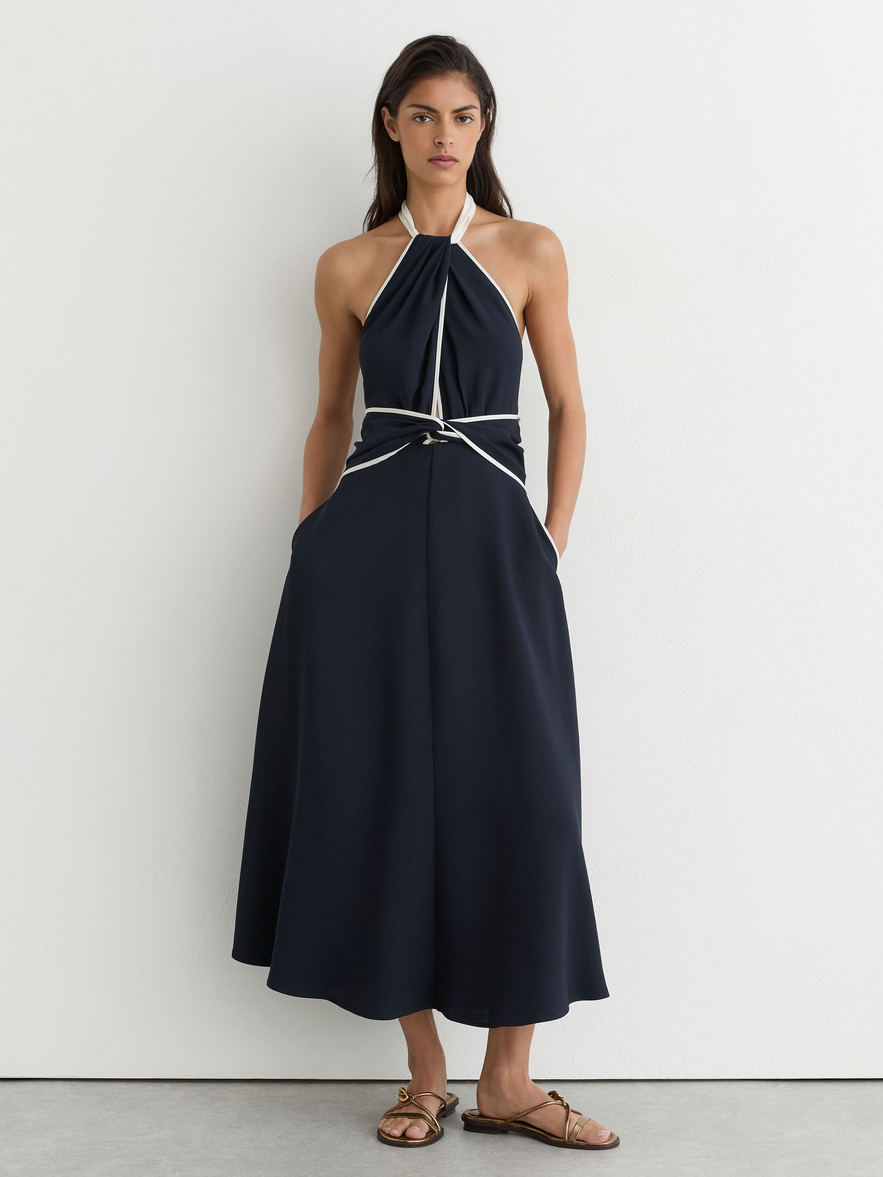 Contrast-Trim Halterneck Midi Dress in Navy/Ivory - Image 1 of 8 Contrast-Trim Halterneck Midi Dress in Navy/Ivory - Image 1 of 8