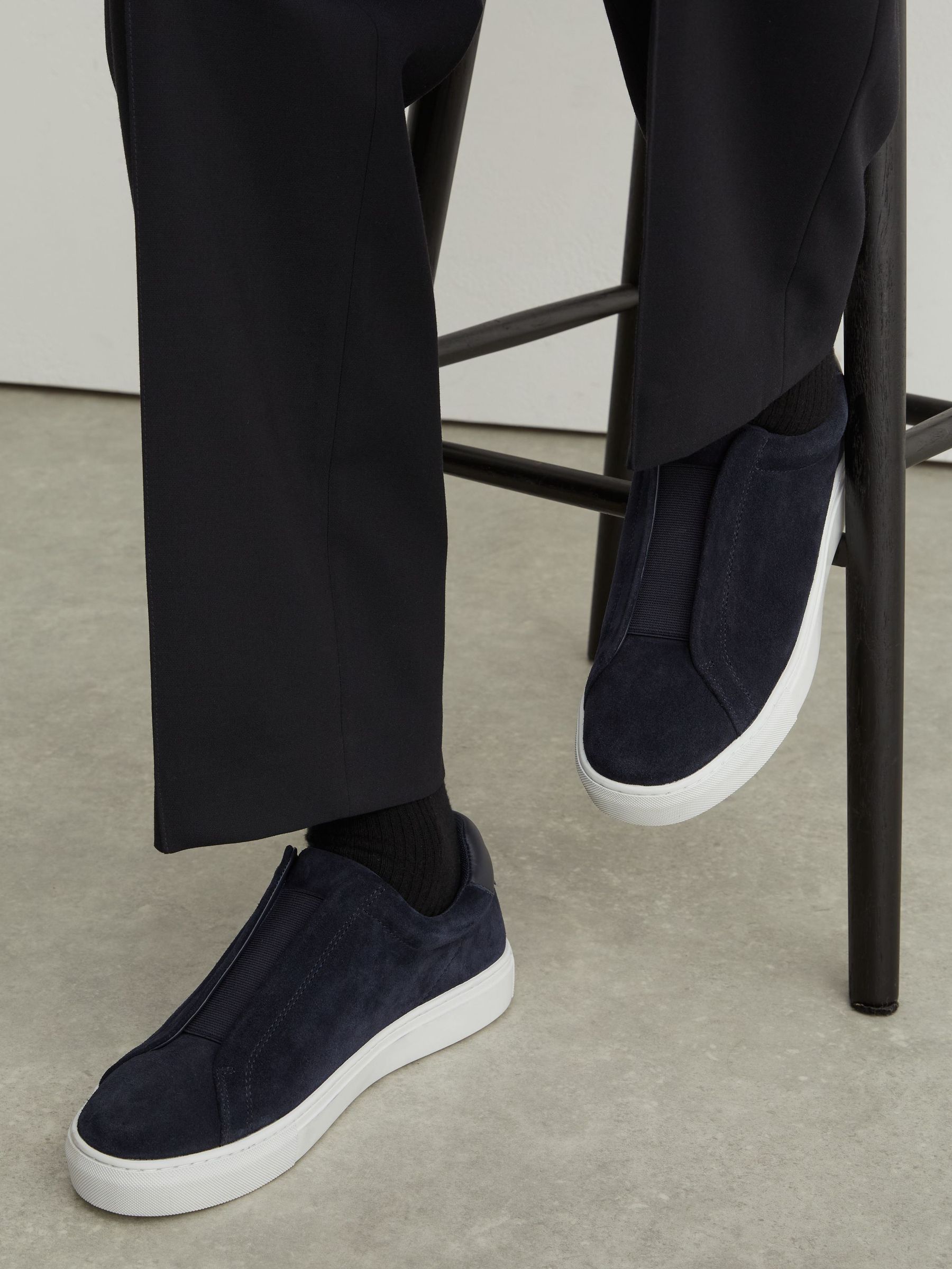 Suede Slip-On Elasticated Trainers in Dark Navy - Image 1 of 4 Suede Slip-On Elasticated Trainers in Dark Navy - Image 1 of 4
