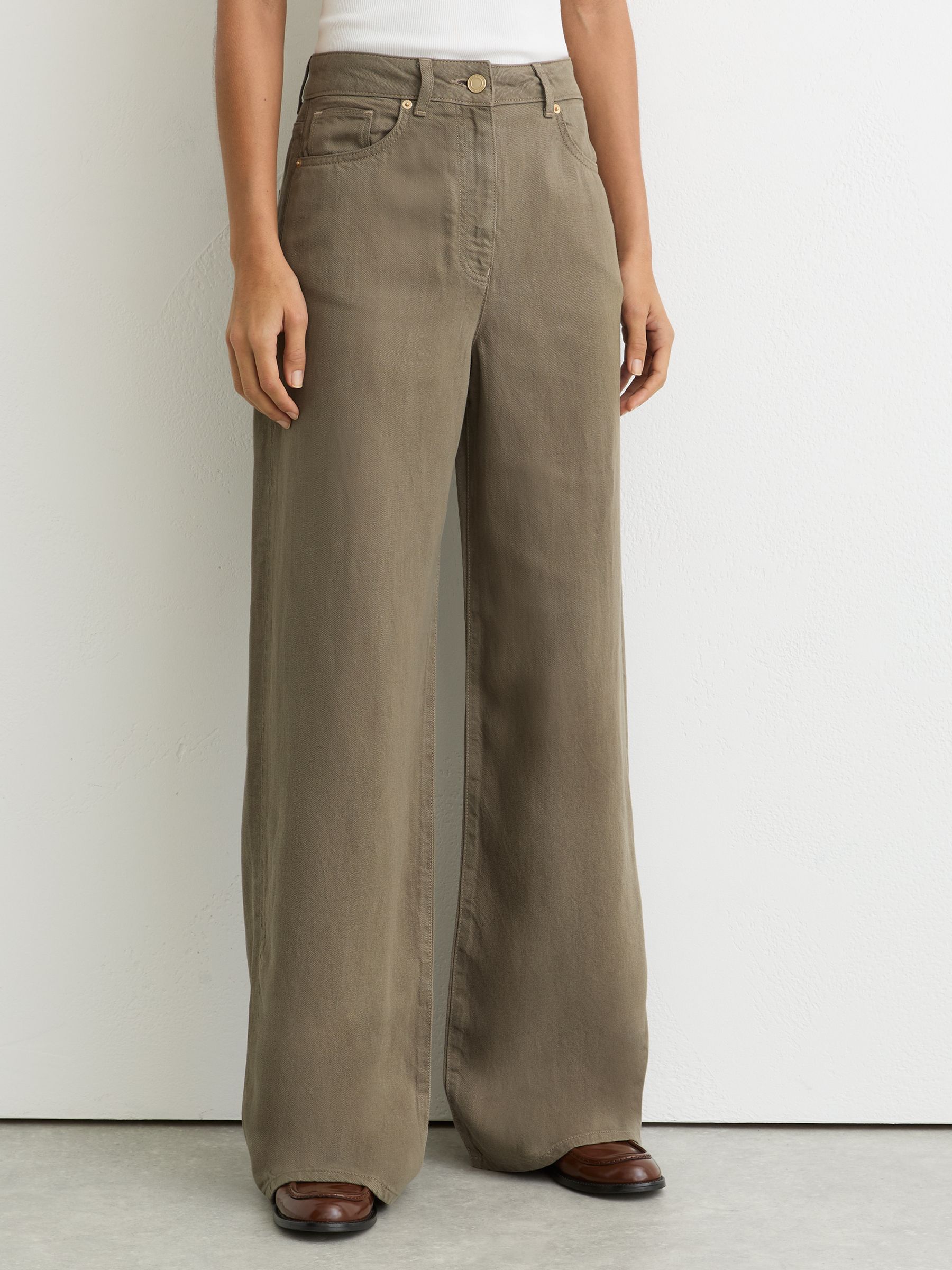 Petite Lyocell-Linen Wide-Leg Trousers in Khaki Green - Image 1 of 6 Petite Lyocell-Linen Wide-Leg Trousers in Khaki Green - Image 1 of 6