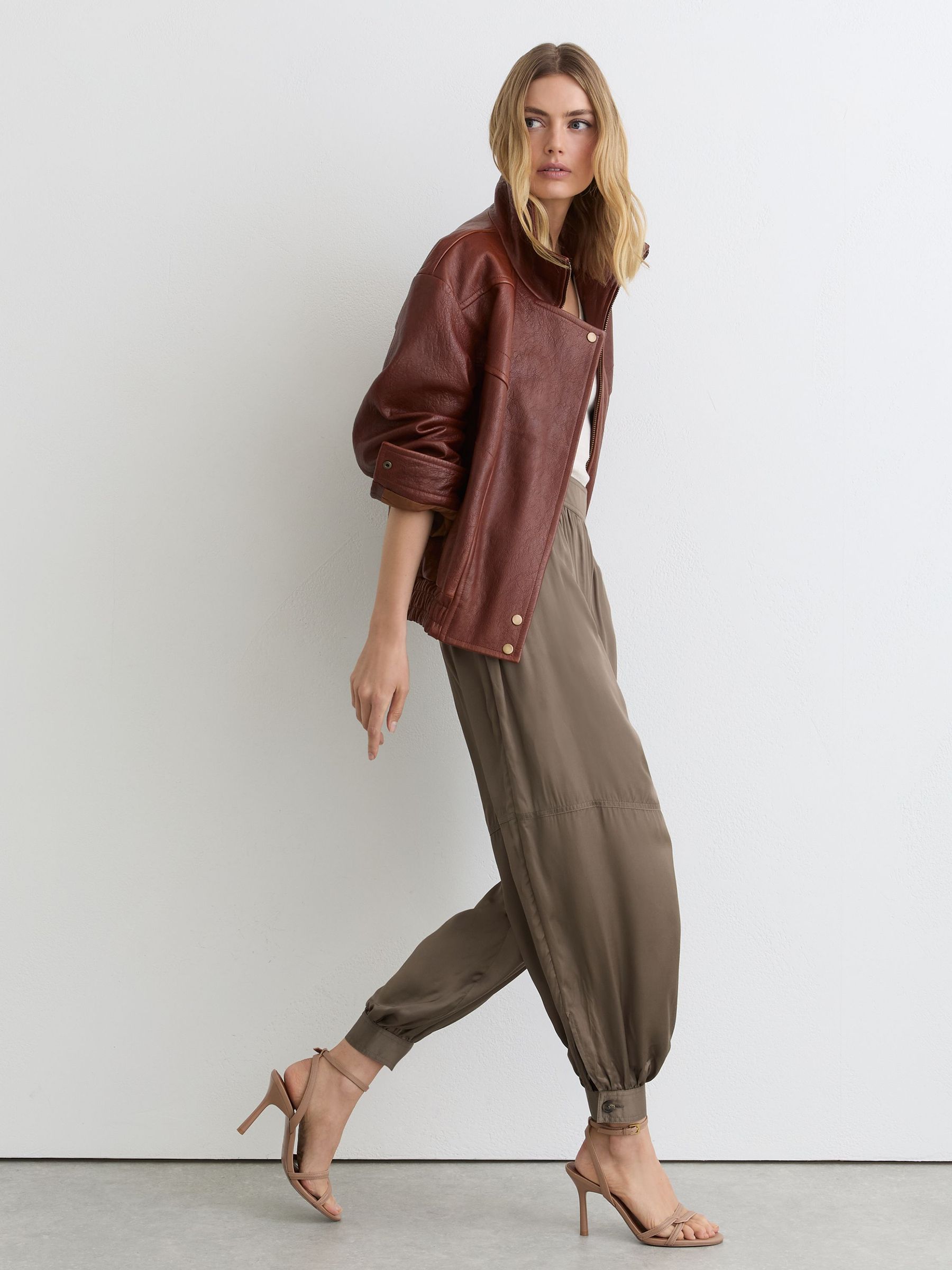 Satin Balloon-Leg Trousers in Taupe Neutral - image 3
