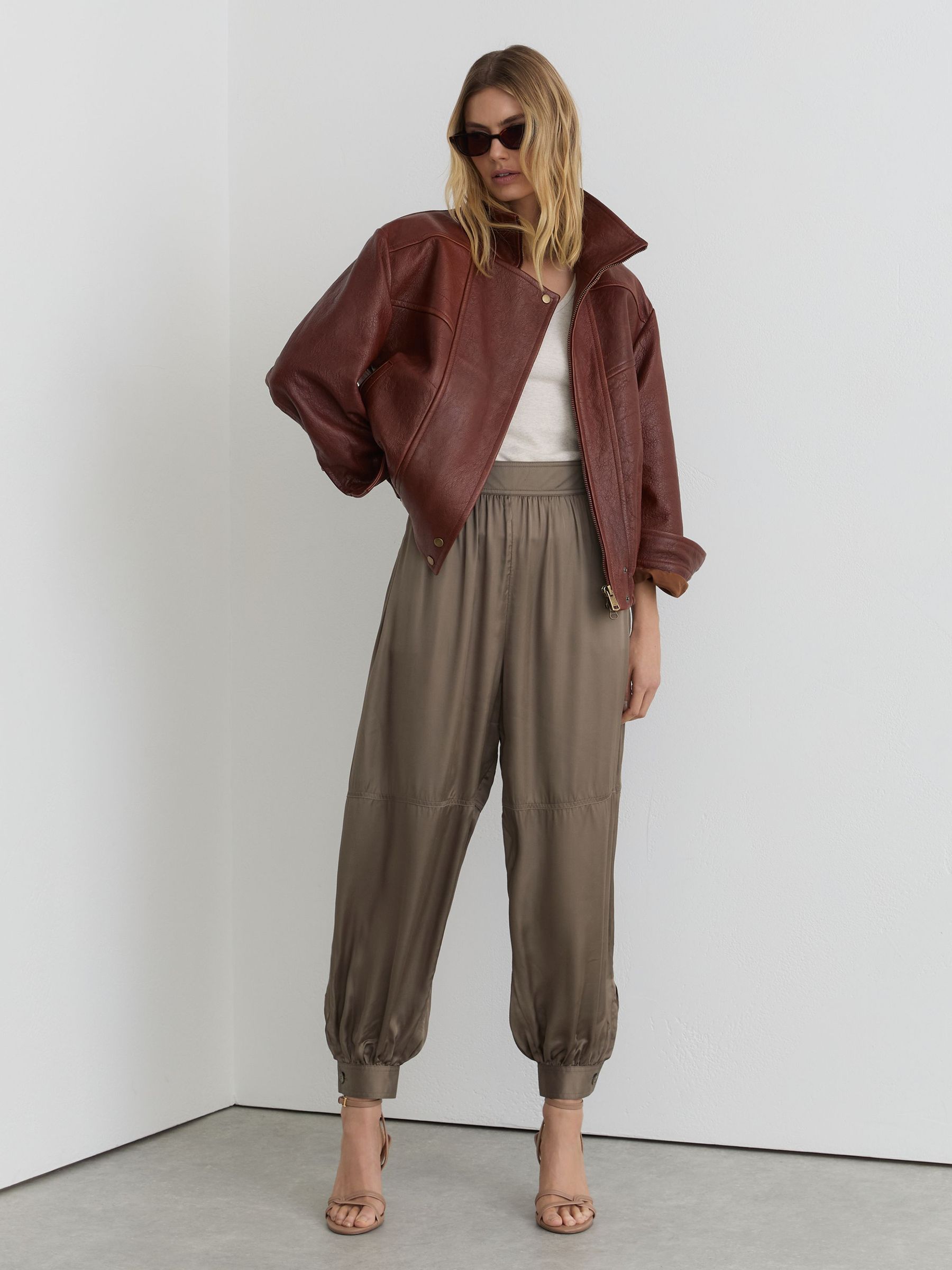 Satin Balloon-Leg Trousers in Taupe Neutral - image 5