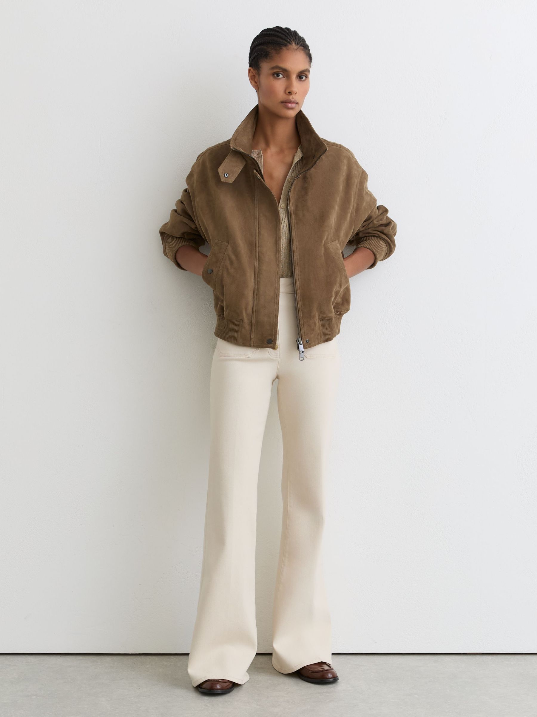 Petite Suede Funnel-Neck Bomber Jacket in Neutral - image 4