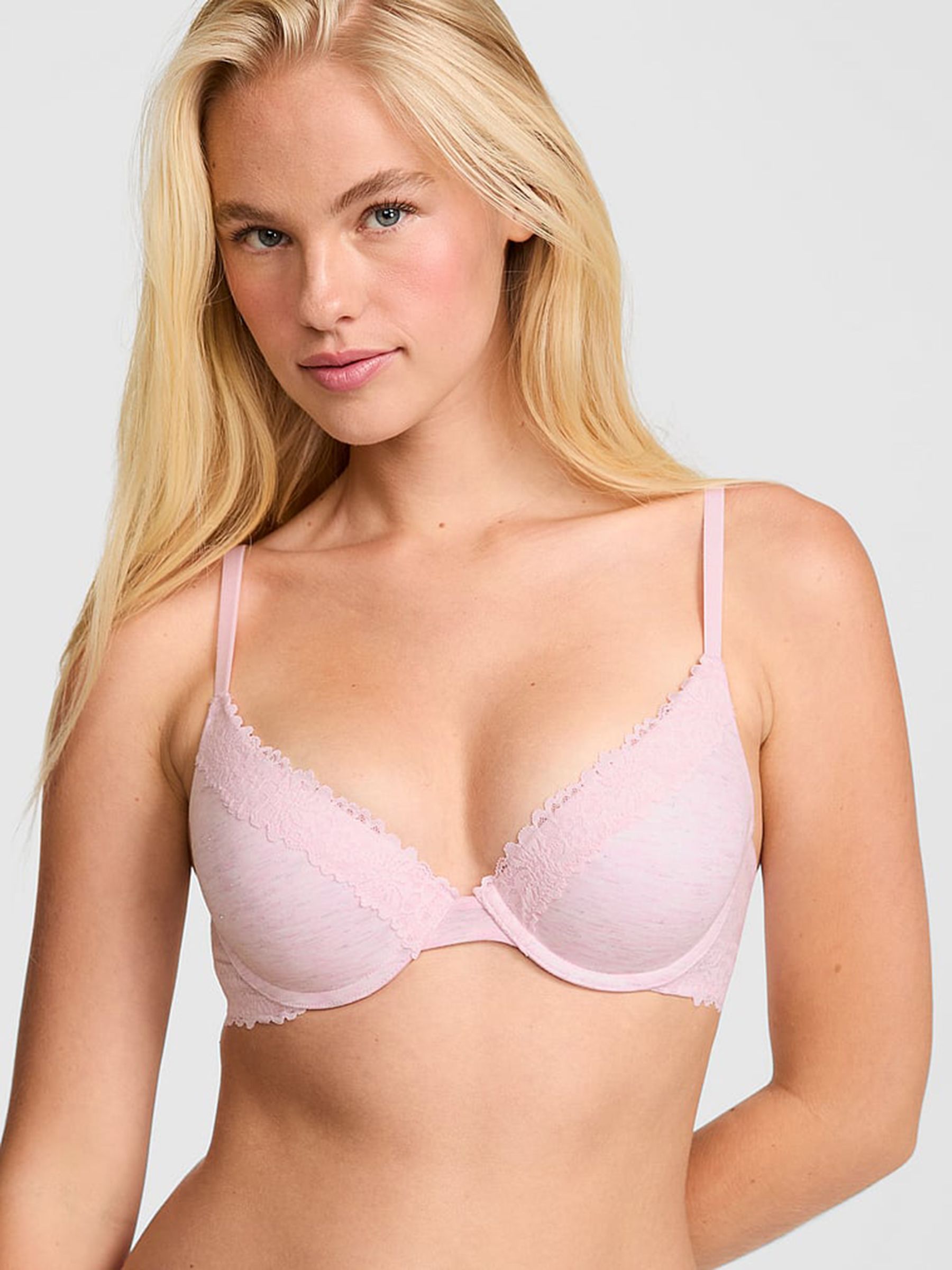 Petal Pink Push Up Cotton Heather Lace Trim Bra - Image 1 of 2