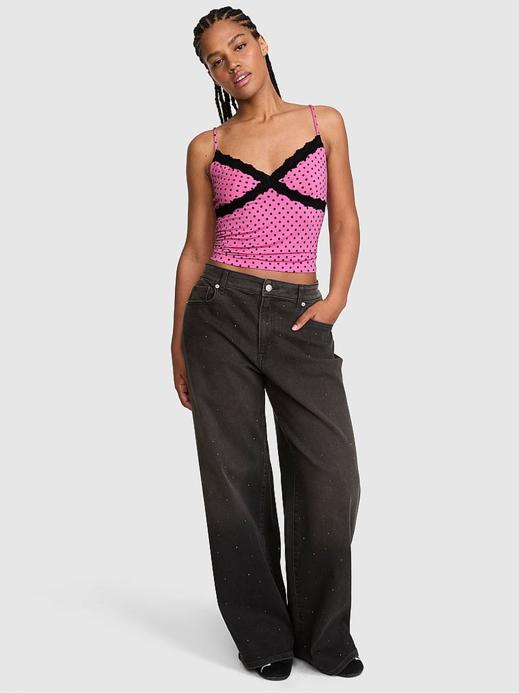 Sizzling Strawberry Polka Dots Modal Lace Cami Pyjama Top - Image 1 of 2