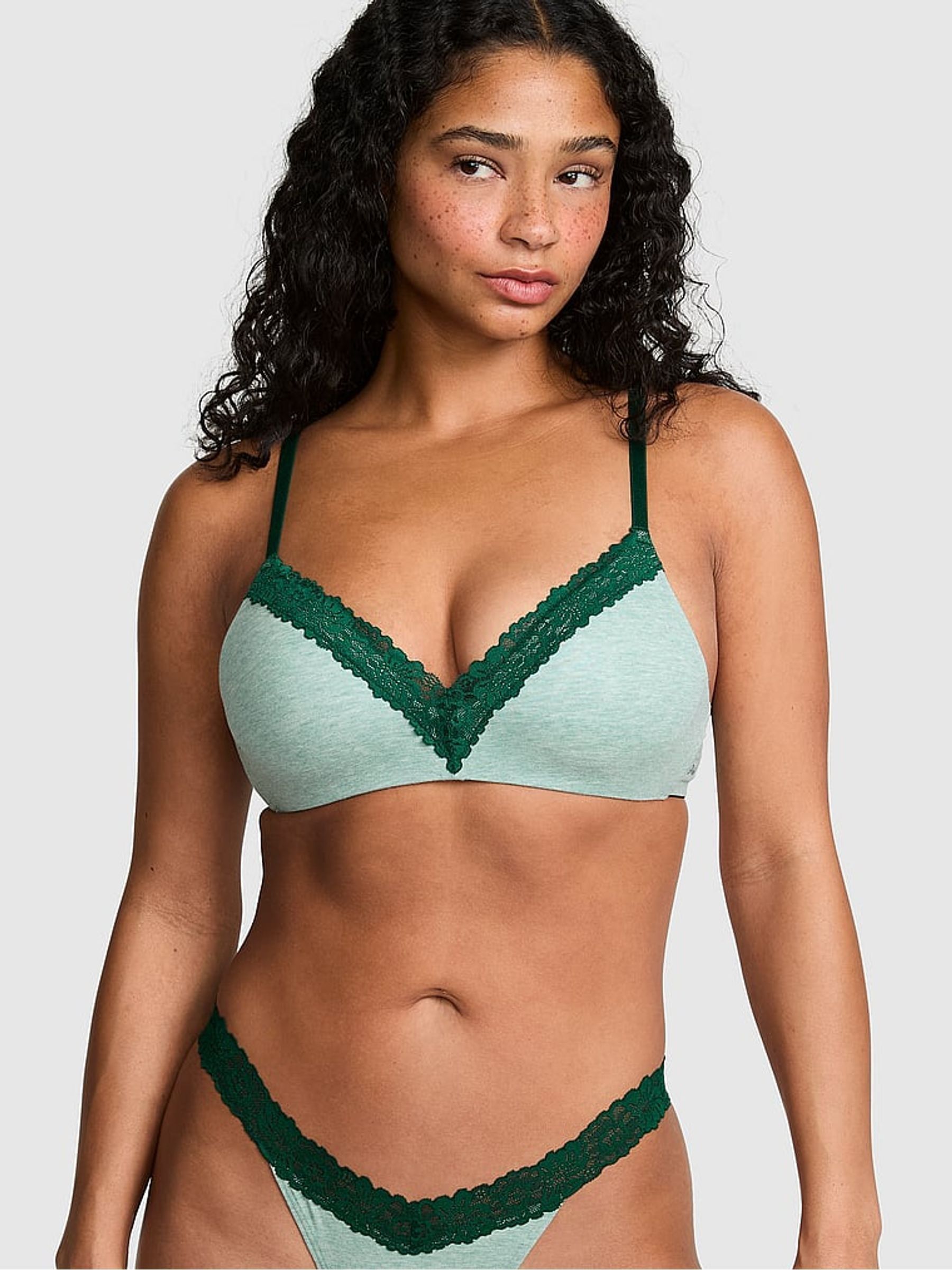 Soft Sage Green Non Wired Lightly Lined Cotton Heather Lace Trim Bra - Image 1 of 2