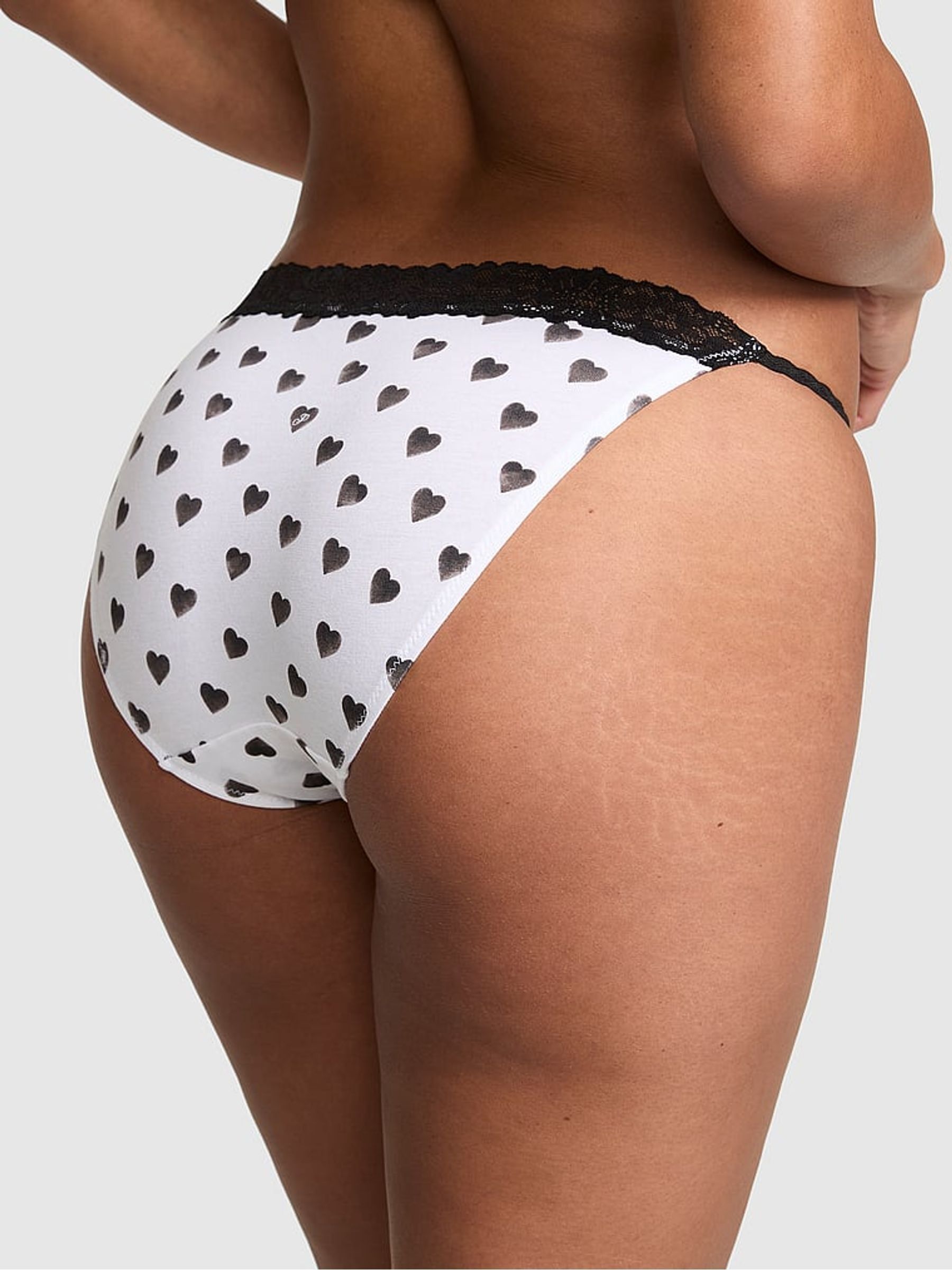 White Heart Print Bikini Cotton Heather Lace Trim Knickers - Image 2 of 2