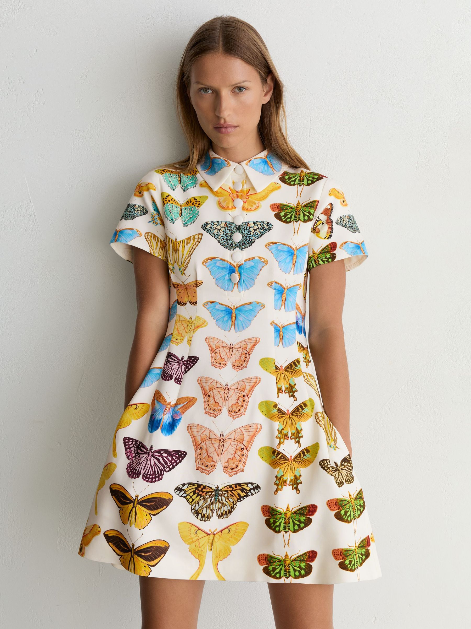 Reiss | NYBG Butterfly-Print Mini Dress in Ivory - Image 1 of 6 Reiss | NYBG Butterfly-Print Mini Dress in Ivory - Image 1 of 6