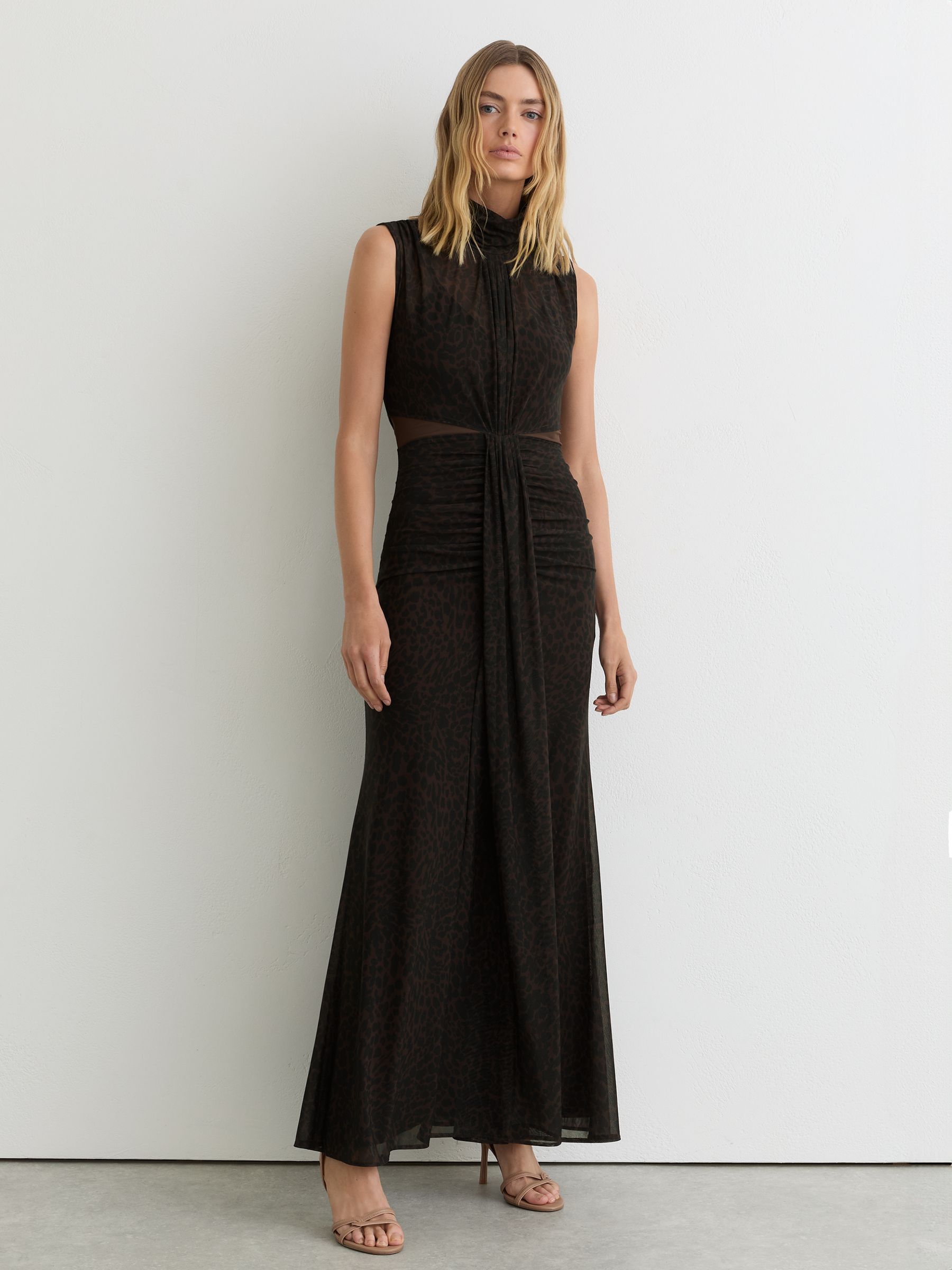 Animal-Print Ruched Sleeveless Maxi Dress in Black/Brown - Image 1 of 6