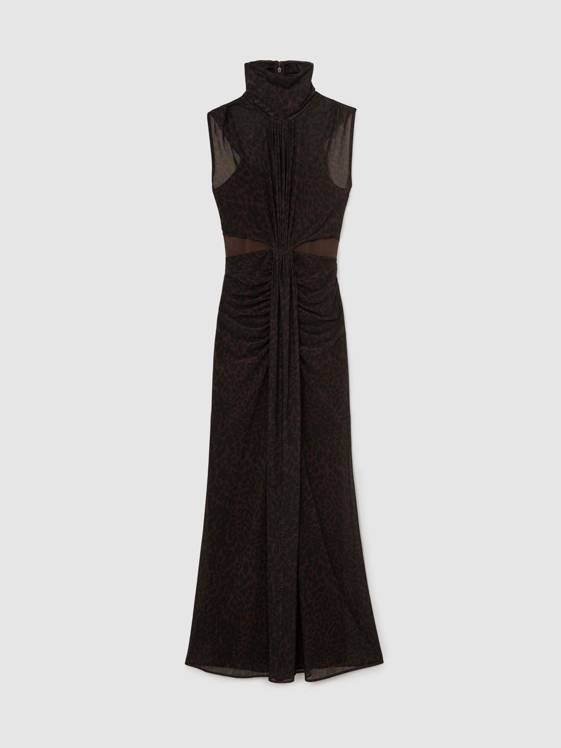 Animal-Print Ruched Sleeveless Maxi Dress in Black/Brown - Image 2 of 6