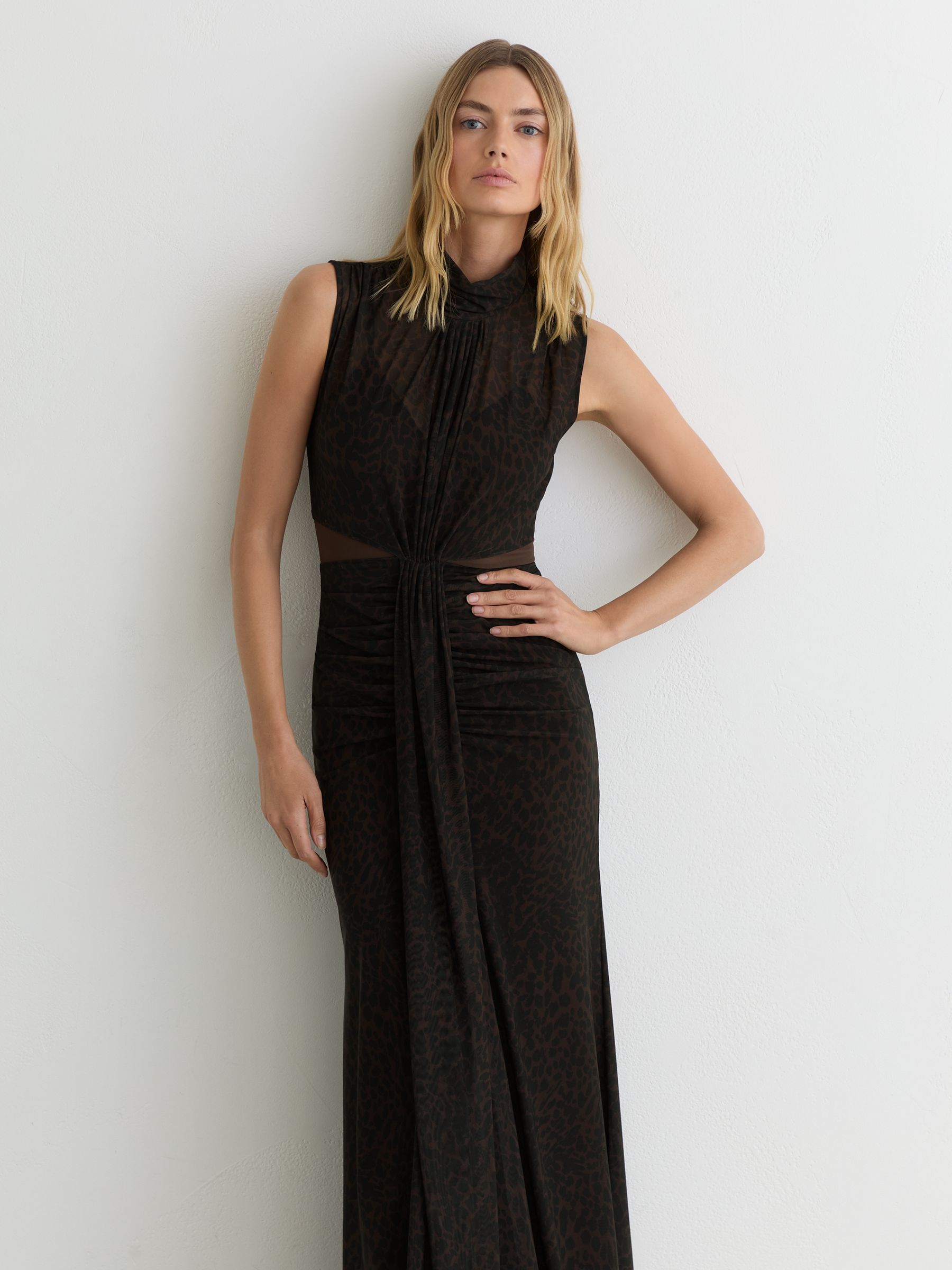 Animal-Print Ruched Sleeveless Maxi Dress in Black/Brown - Image 3 of 6