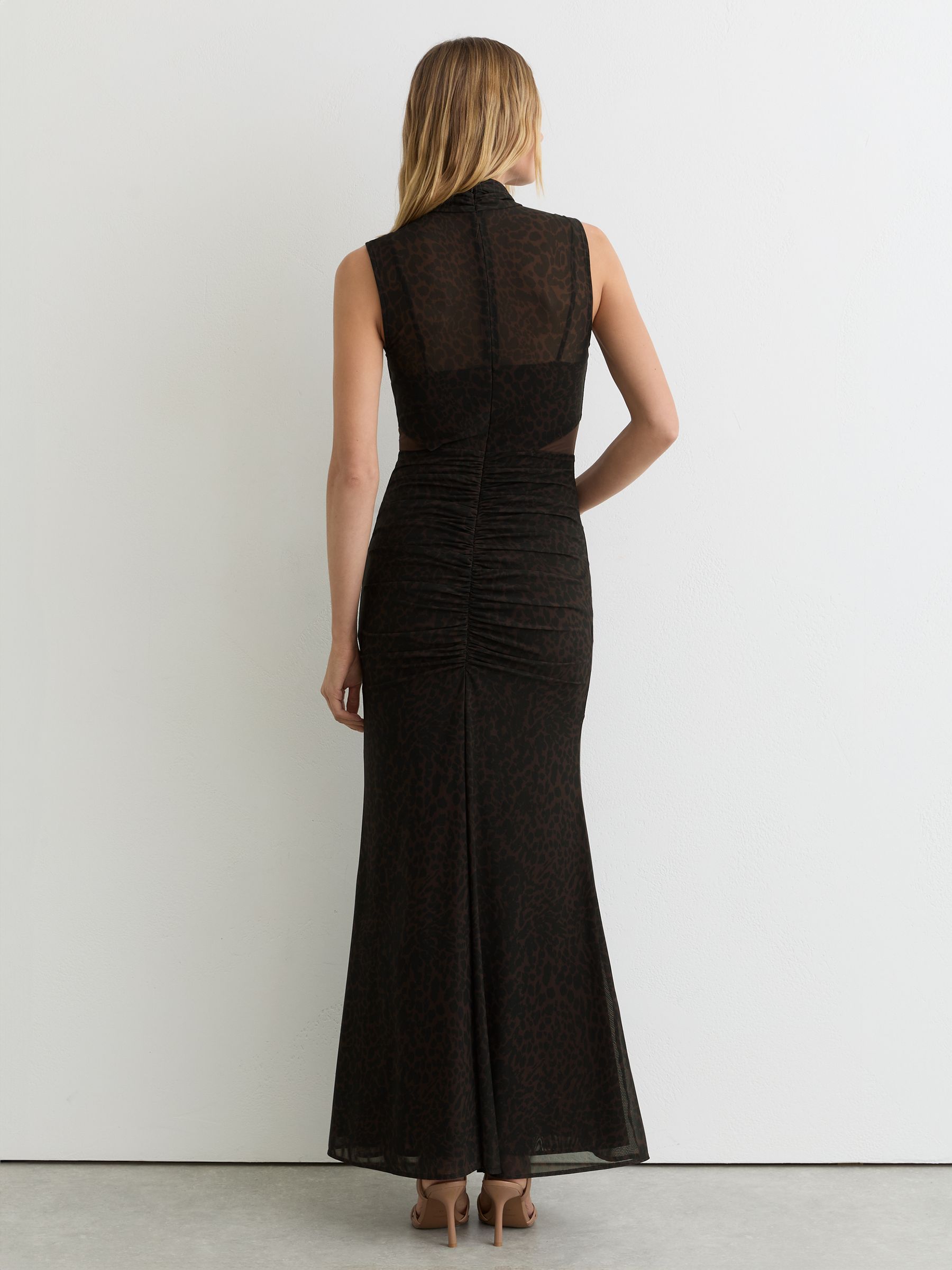 Animal-Print Ruched Sleeveless Maxi Dress in Black/Brown - Image 5 of 6