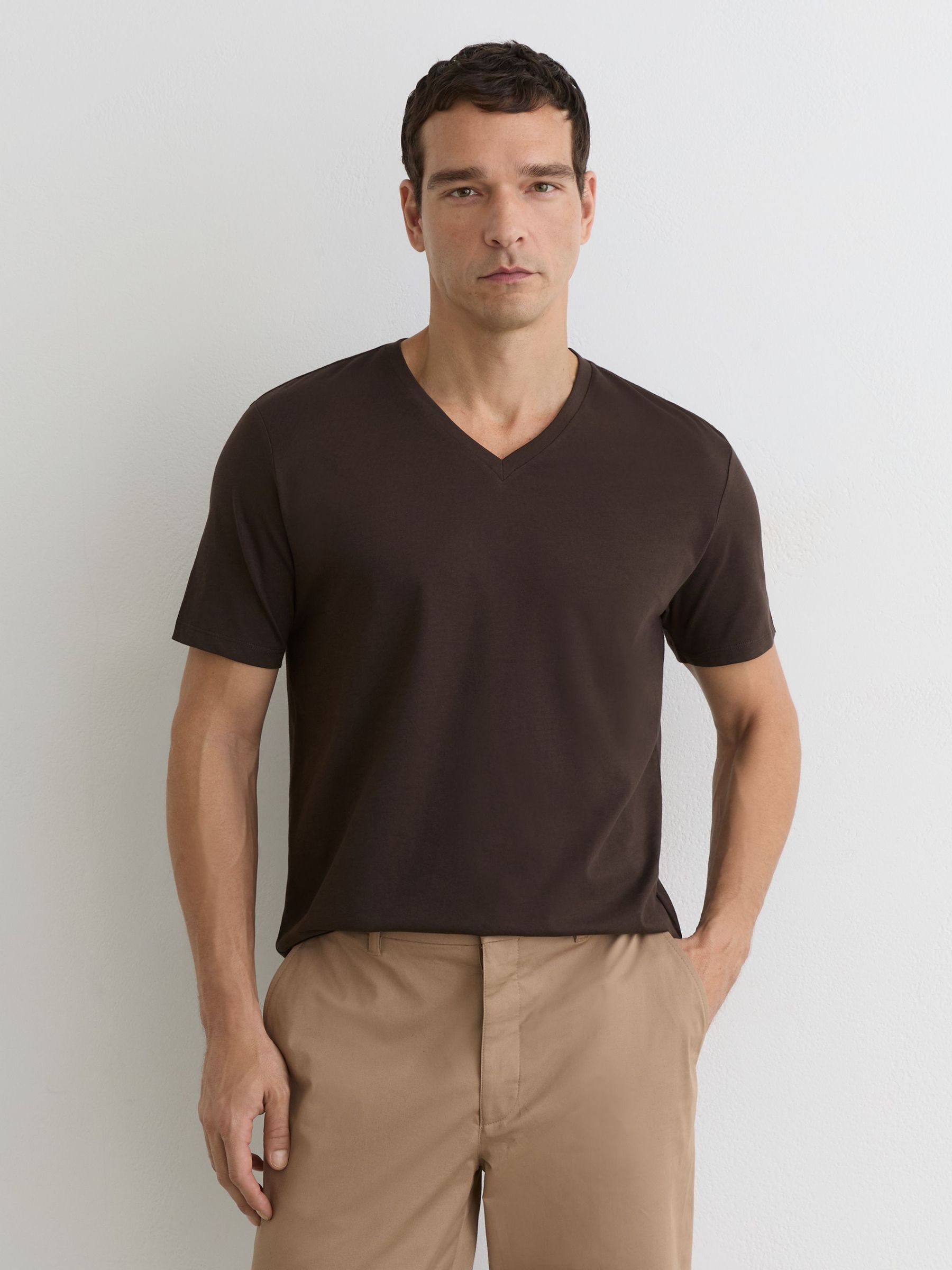 Cotton V-neck Tailored-Fit T-Shirt in Coco Brown - Image 1 of 6
